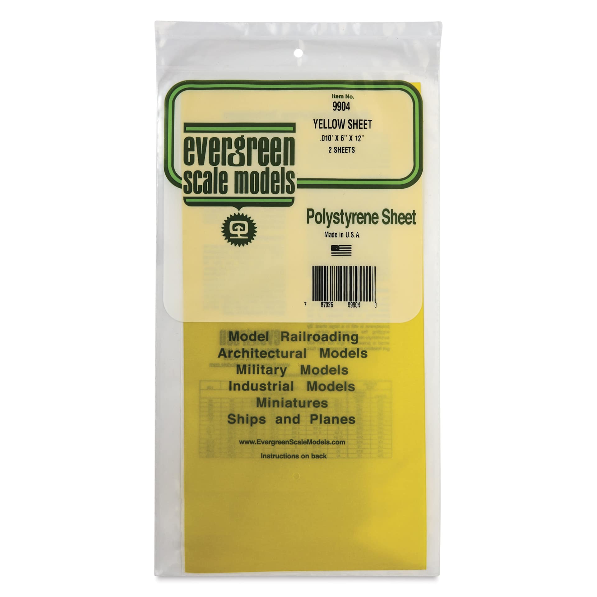 Evergreen Transparent Colored Polystyrene Sheets - Yellow, 6" x 12", 0.010" Thick, Pkg of 2, front of packaging