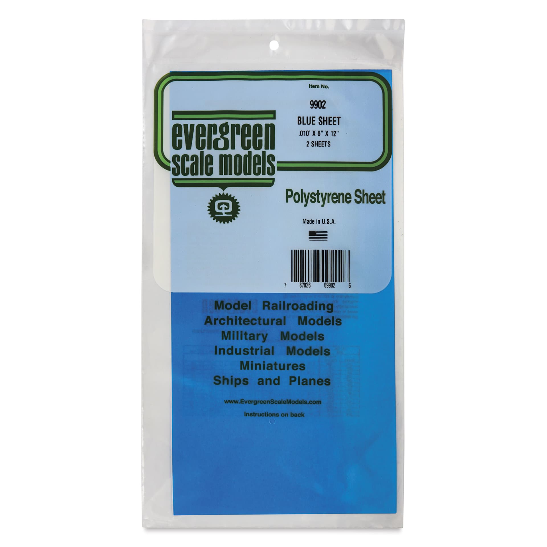 Evergreen Transparent Colored Polystyrene Sheets - Blue, 6" x 12", 0.010" Thick, Pkg of 2, front of packaging