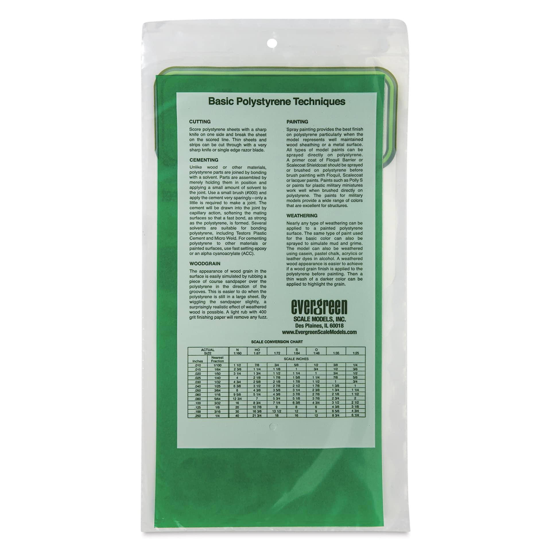 Evergreen Transparent Colored Polystyrene Sheets - Green, 6" x 12", 0.010" Thick, Pkg of 2, back of packaging
