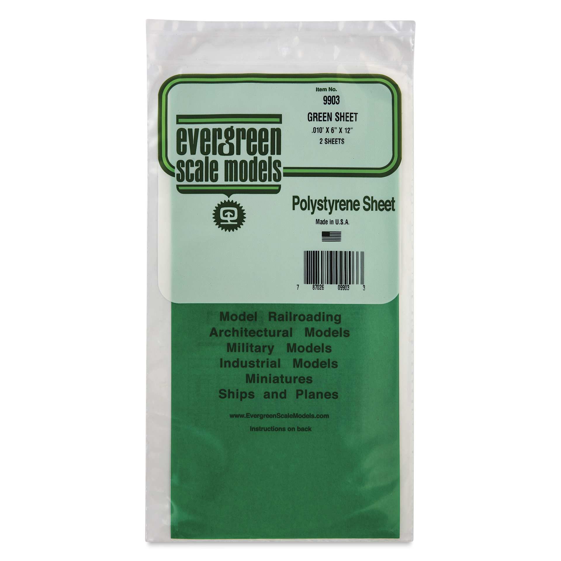 Evergreen Transparent Colored Polystyrene Sheets - Green, 6" x 12", 0.010" Thick, Pkg of 2, front of packaging