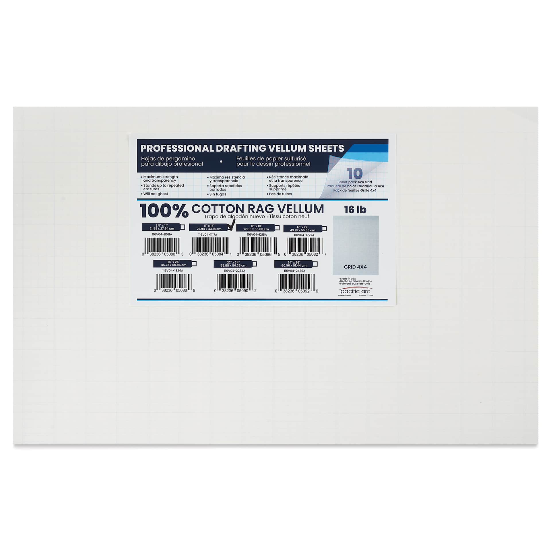 Pacific Arc Gridded Drafting Vellum Pack - 4 x 4 Grid, 11" x 17". Pkg of 10, packaging