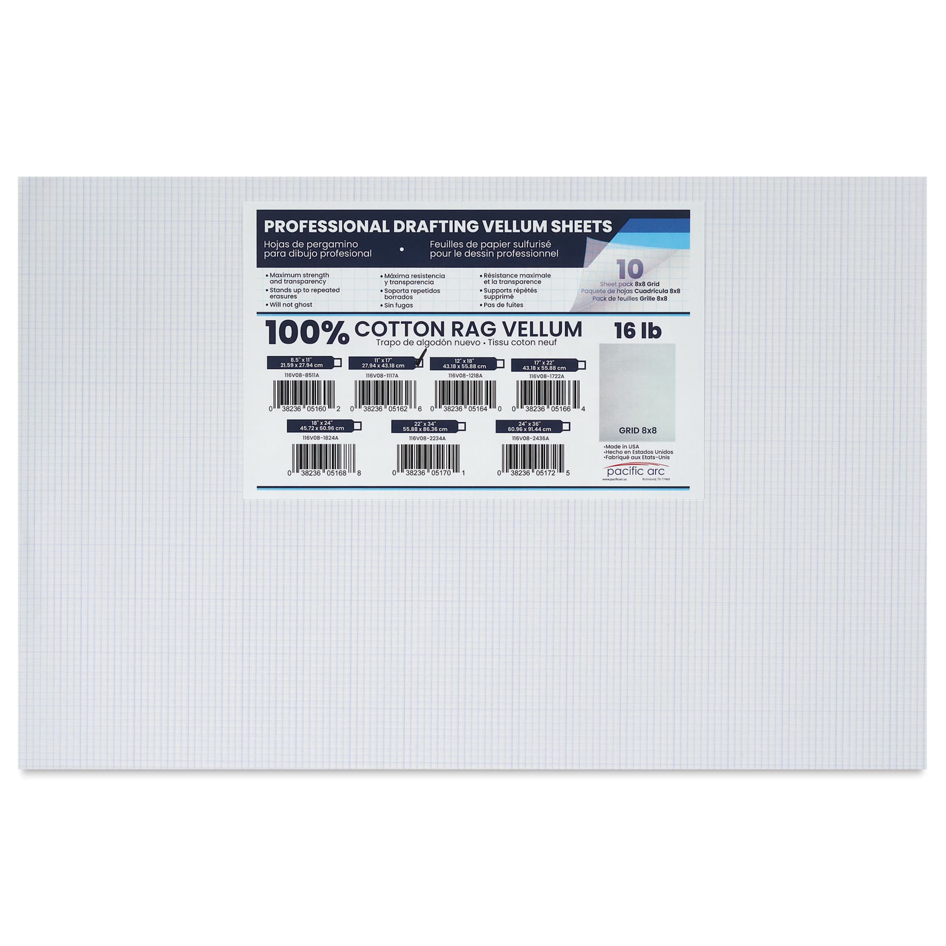 Pacific Arc Gridded Drafting Vellum Pack - 8 x 8 Grid, 11" x 17". Pkg of 10, packaging