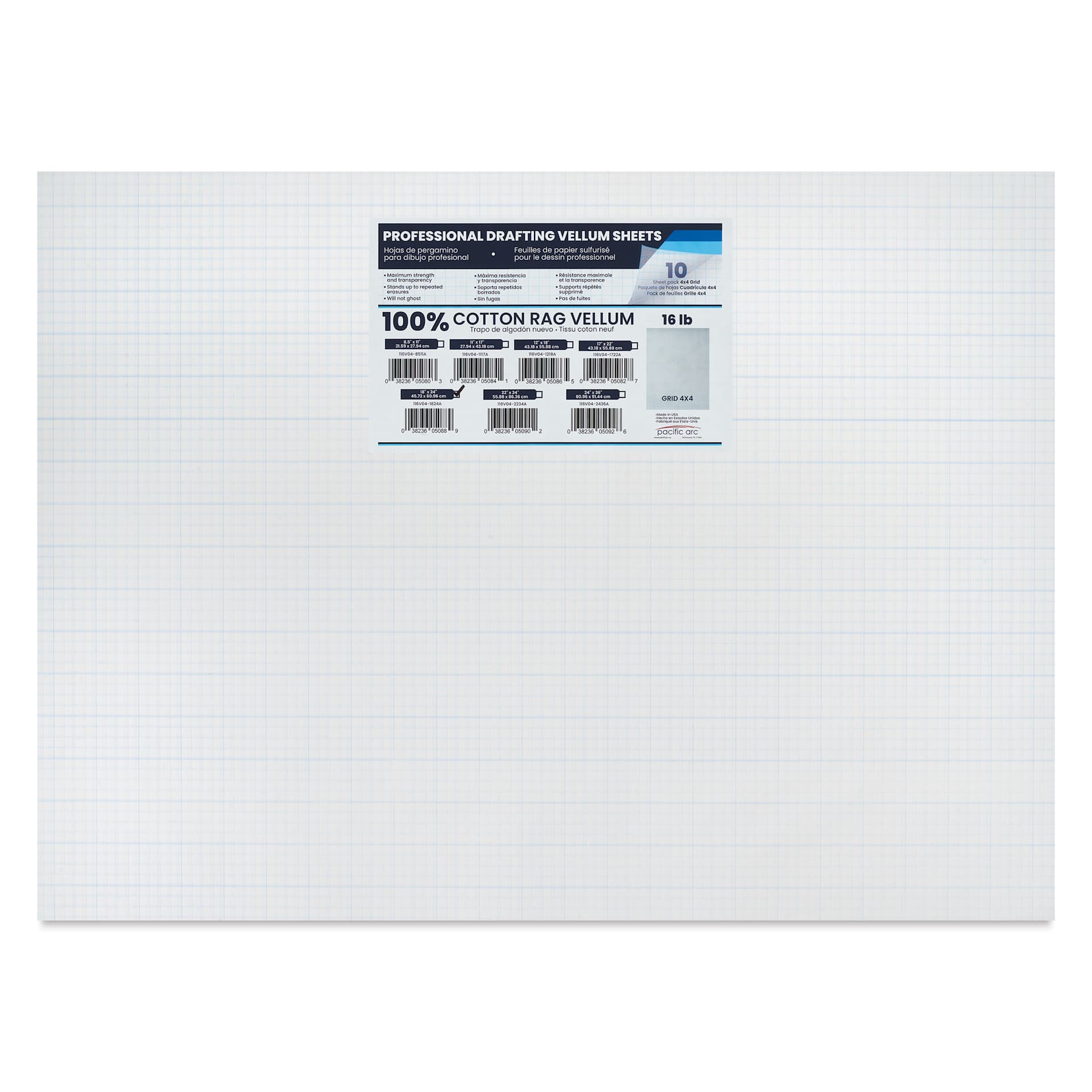 Pacific Arc Gridded Drafting Vellum Pack - 4 x 4 Grid, 18" x 24". Pkg of 10, packaging