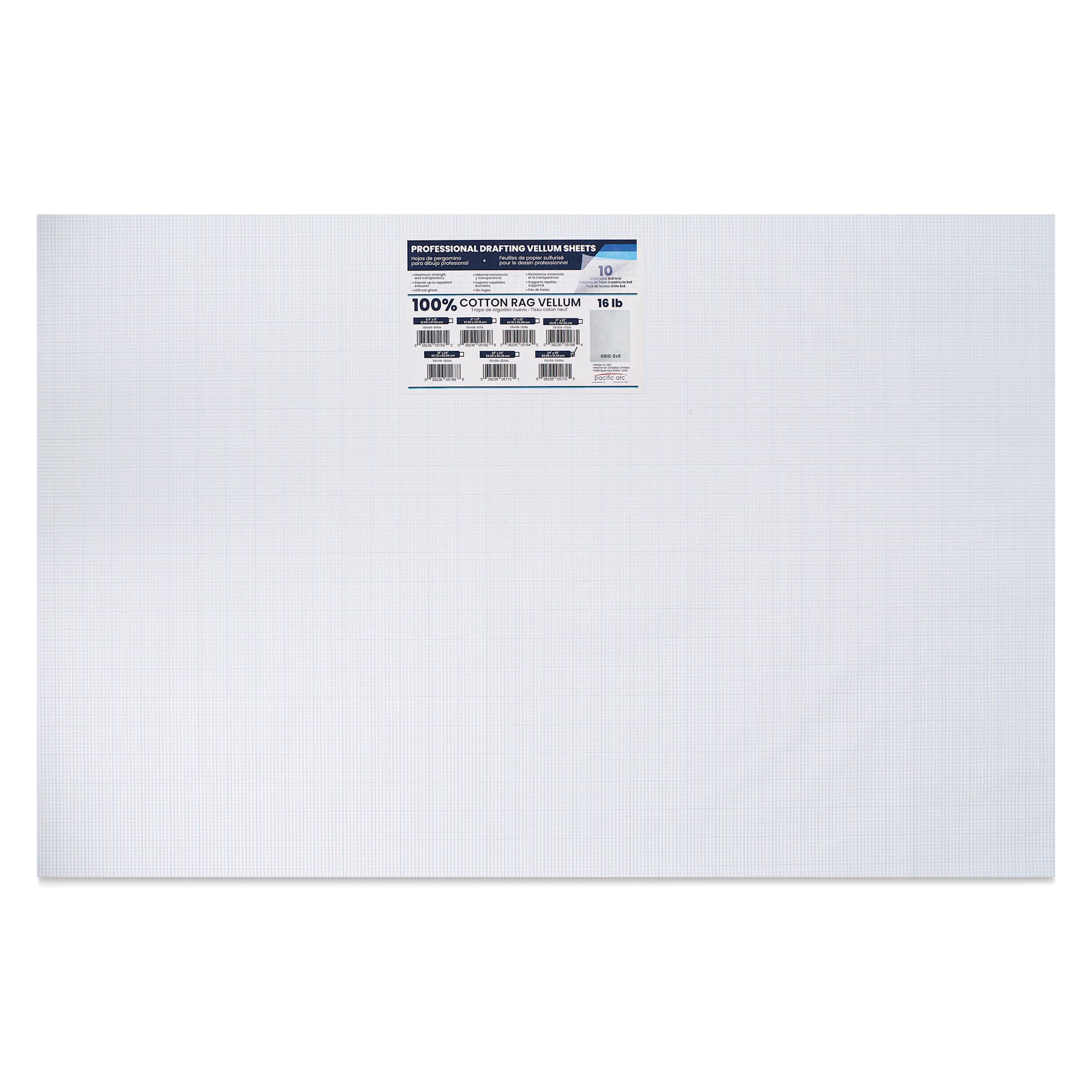 Pacific Arc Gridded Drafting Vellum Pack - 8 x 8 Grid, 24" x 36". Pkg of 10, packaging