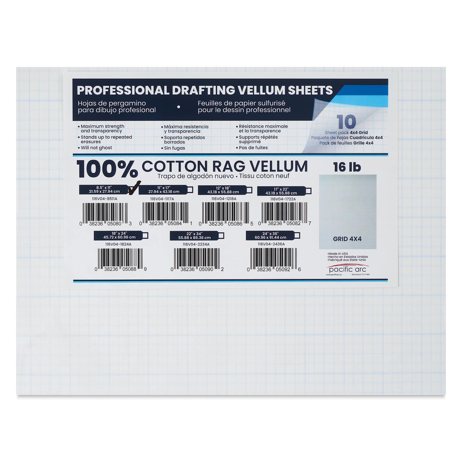 Pacific Arc Gridded Drafting Vellum Pack - 4 x 4 Grid, 8-1/2" x 11". Pkg of 10, packaging