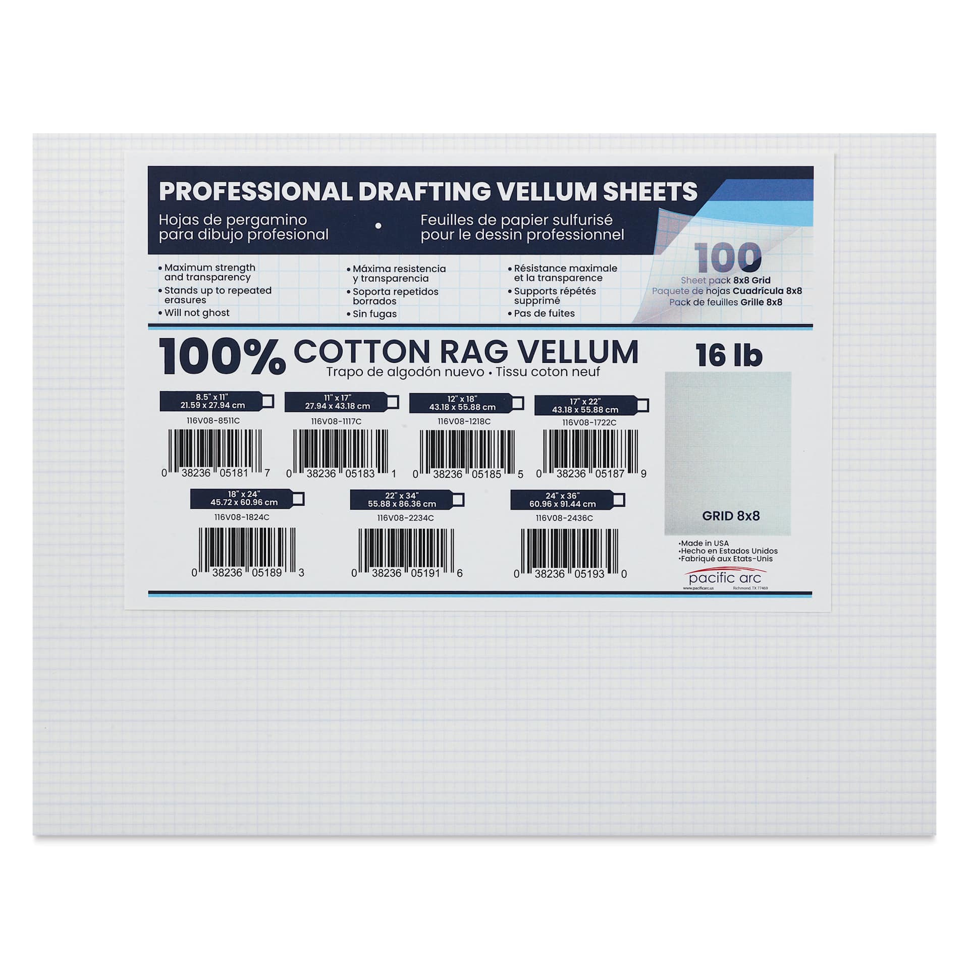 Pacific Arc Gridded Drafting Vellum Pack - 8 x 8 Grid, 8-1/2" x 11". Pkg of 100, packaging