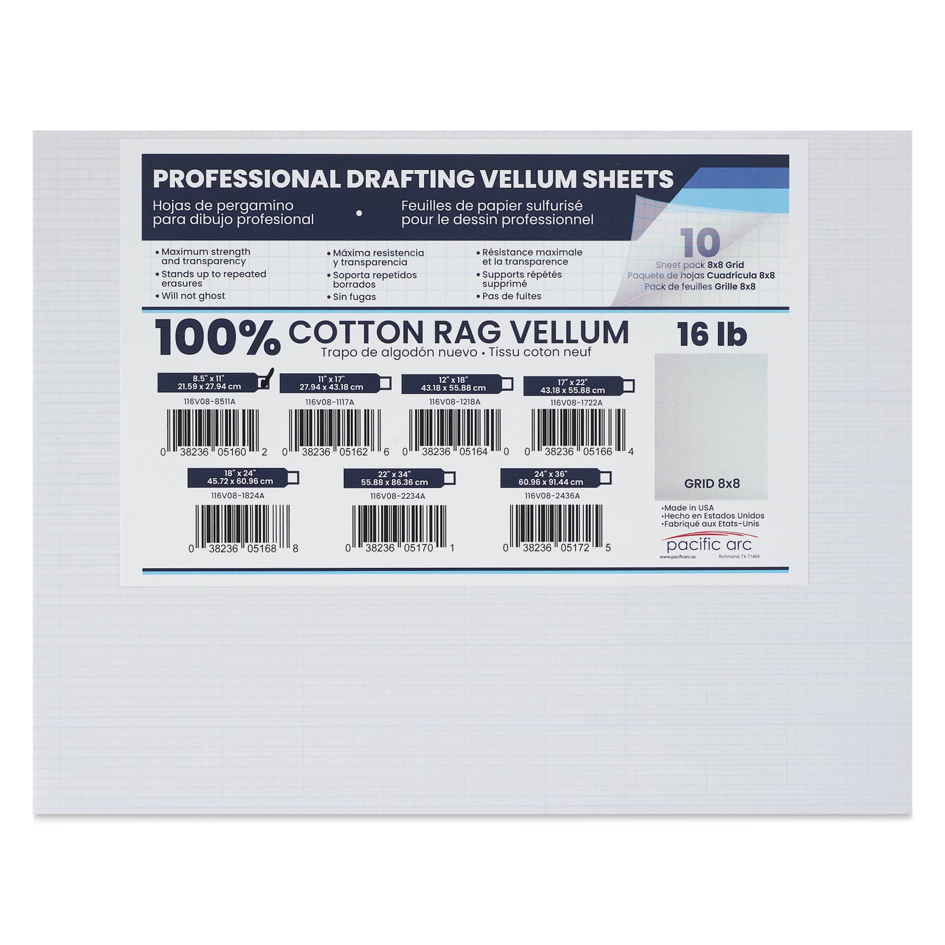 Pacific Arc Gridded Drafting Vellum Pack - 8 x 8 Grid, 8-1/2" x 11". Pkg of 100, packaging