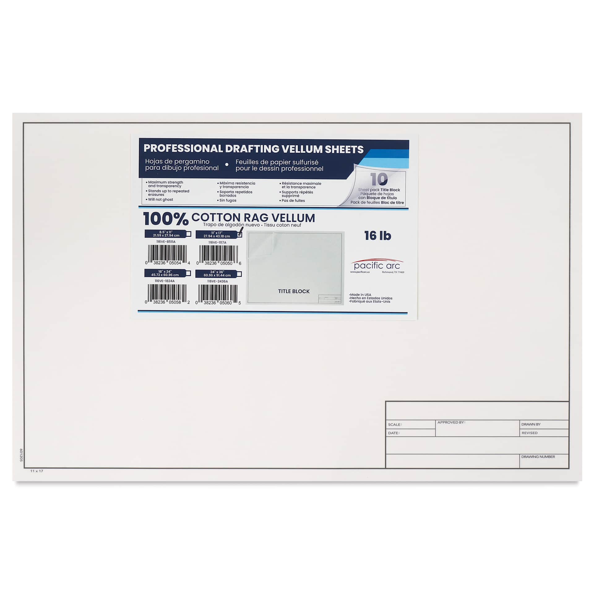 Pacific Arc Drafting Vellum Title Block - White, 11" x 17", 10 Sheets, front of packaging