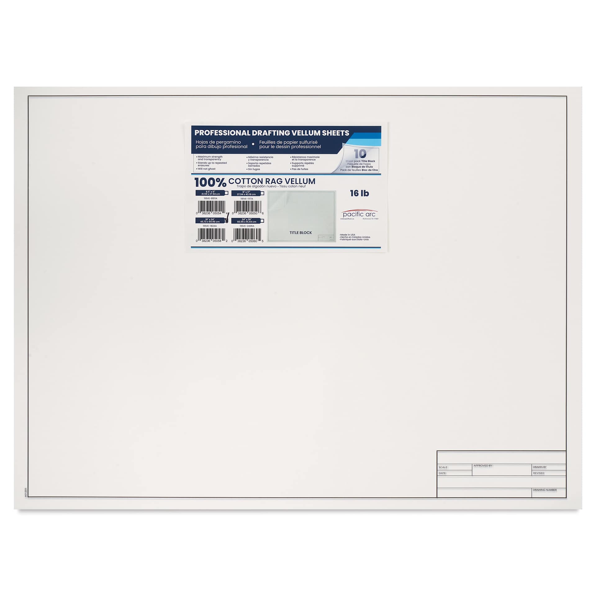 Pacific Arc Drafting Vellum Title Block - White, 18" x 24", 10 Sheets, front of packaging