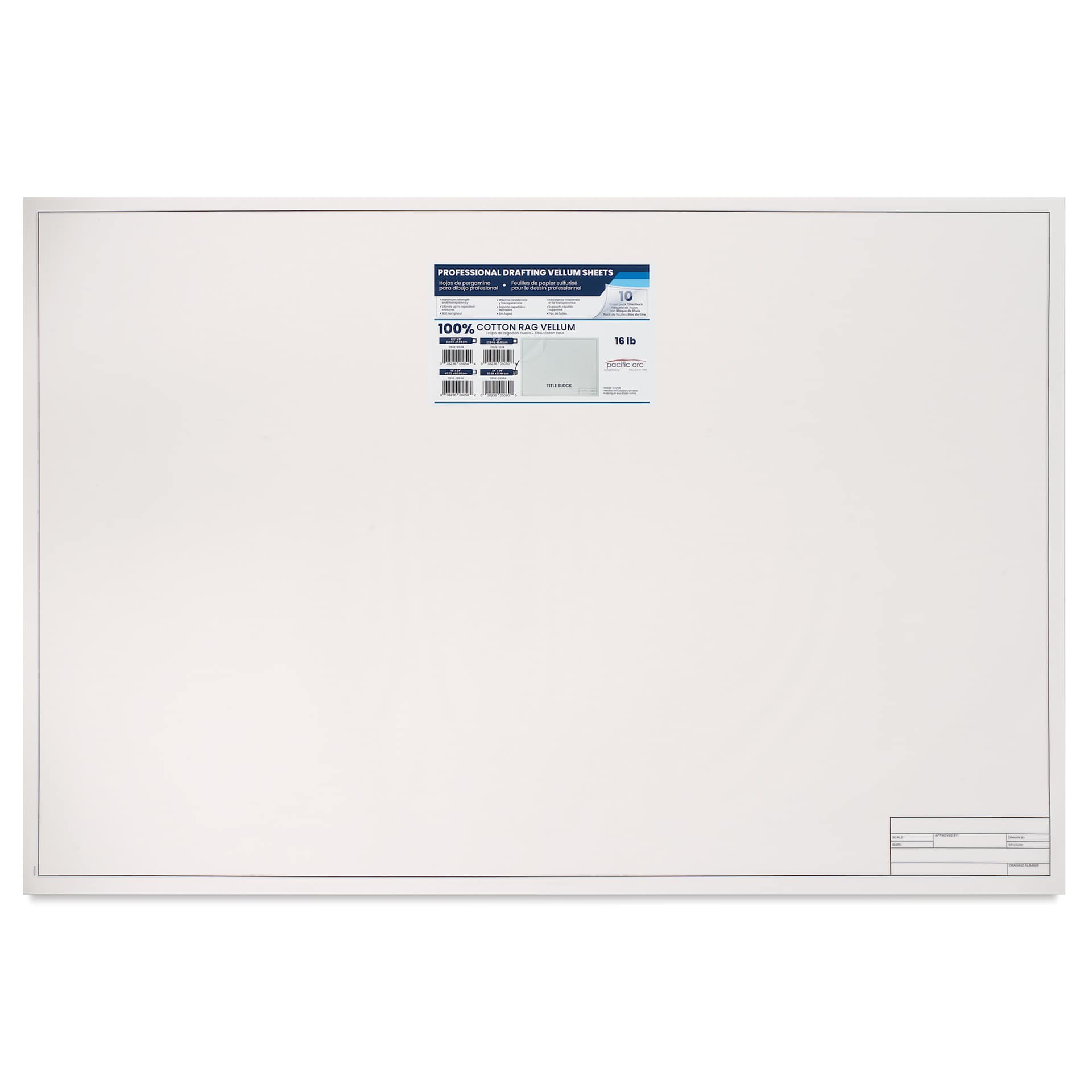Pacific Arc Drafting Vellum Title Block - White, 24" x 36", 10 Sheets, in packaging