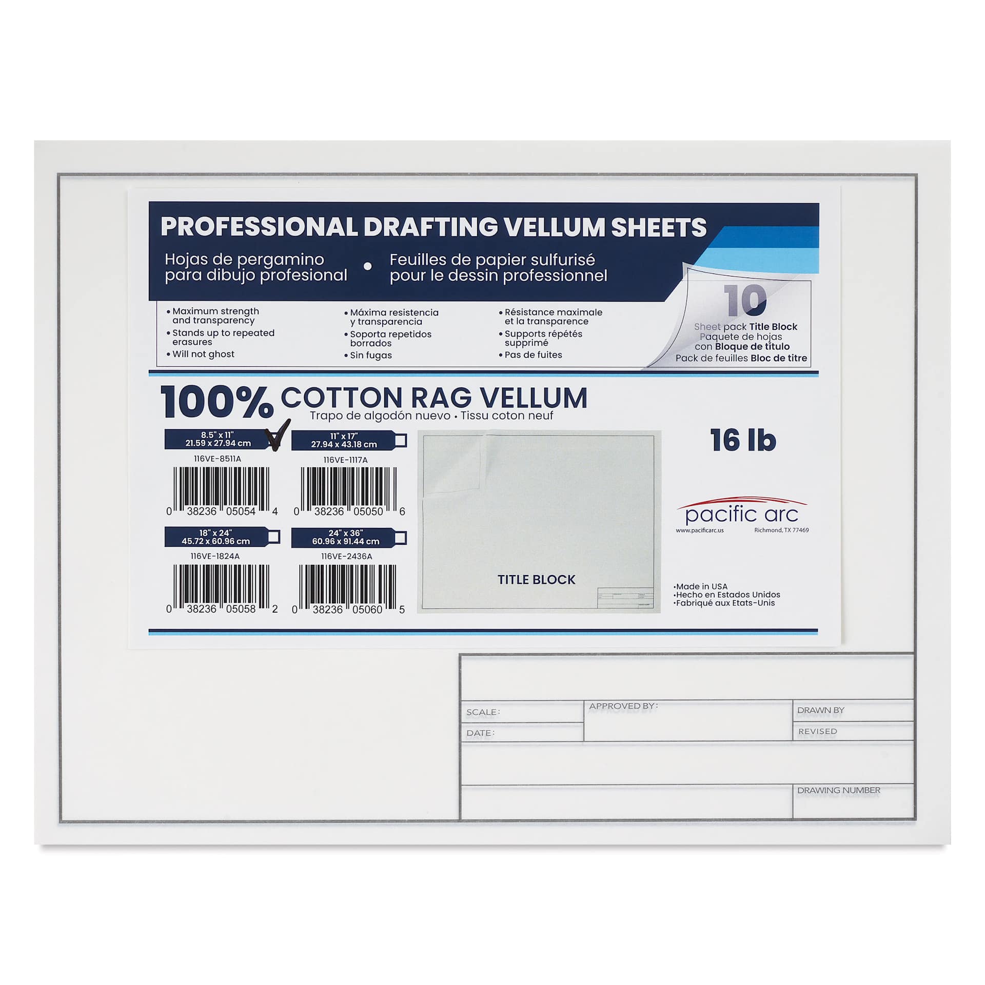 Pacific Arc Drafting Vellum Title Block - White, 8-1/2" x 11", 10 Sheets, in packaging