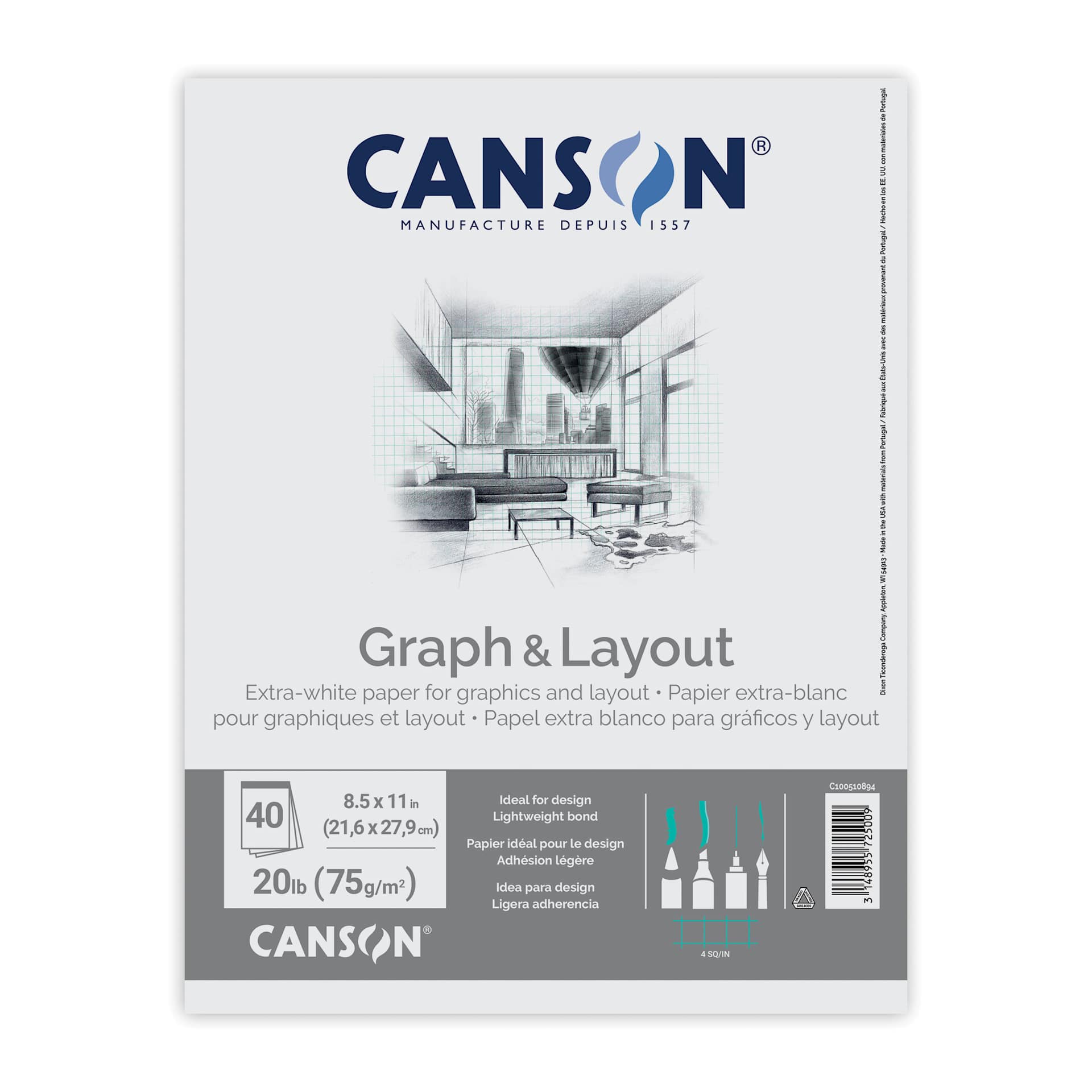 Canson Foundation Graph Pad - 8-1/2" x 11", 4" x 4" Grid, 40 Sheets, front cover