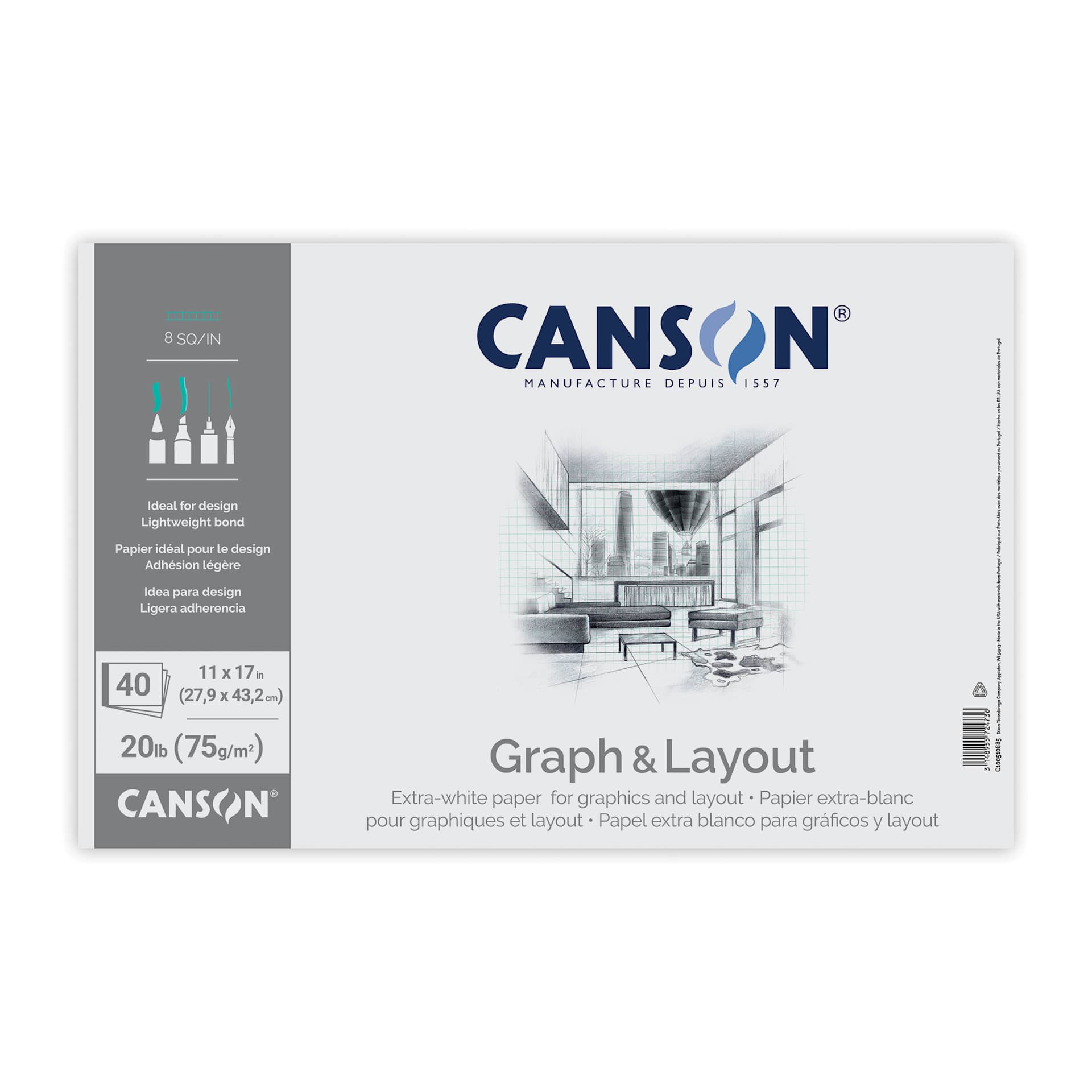 Canson Foundation Graph Pad - 11" x 17", 8" x 8" Grid, 40 Sheets, front cover