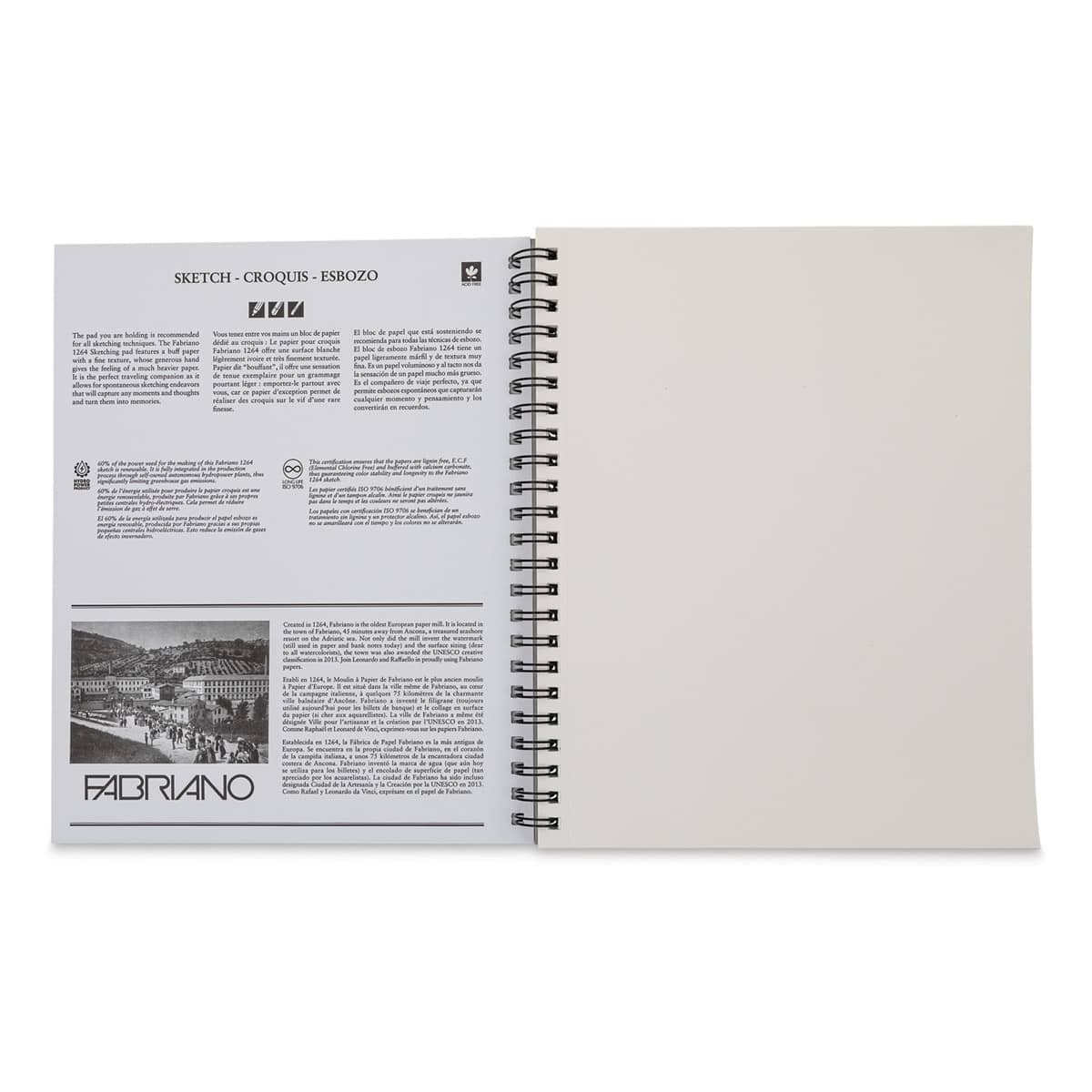 Fabriano 1264 Sketch Pad, 9" x 12", Spiral, 100 Sheets, Portrait, Open