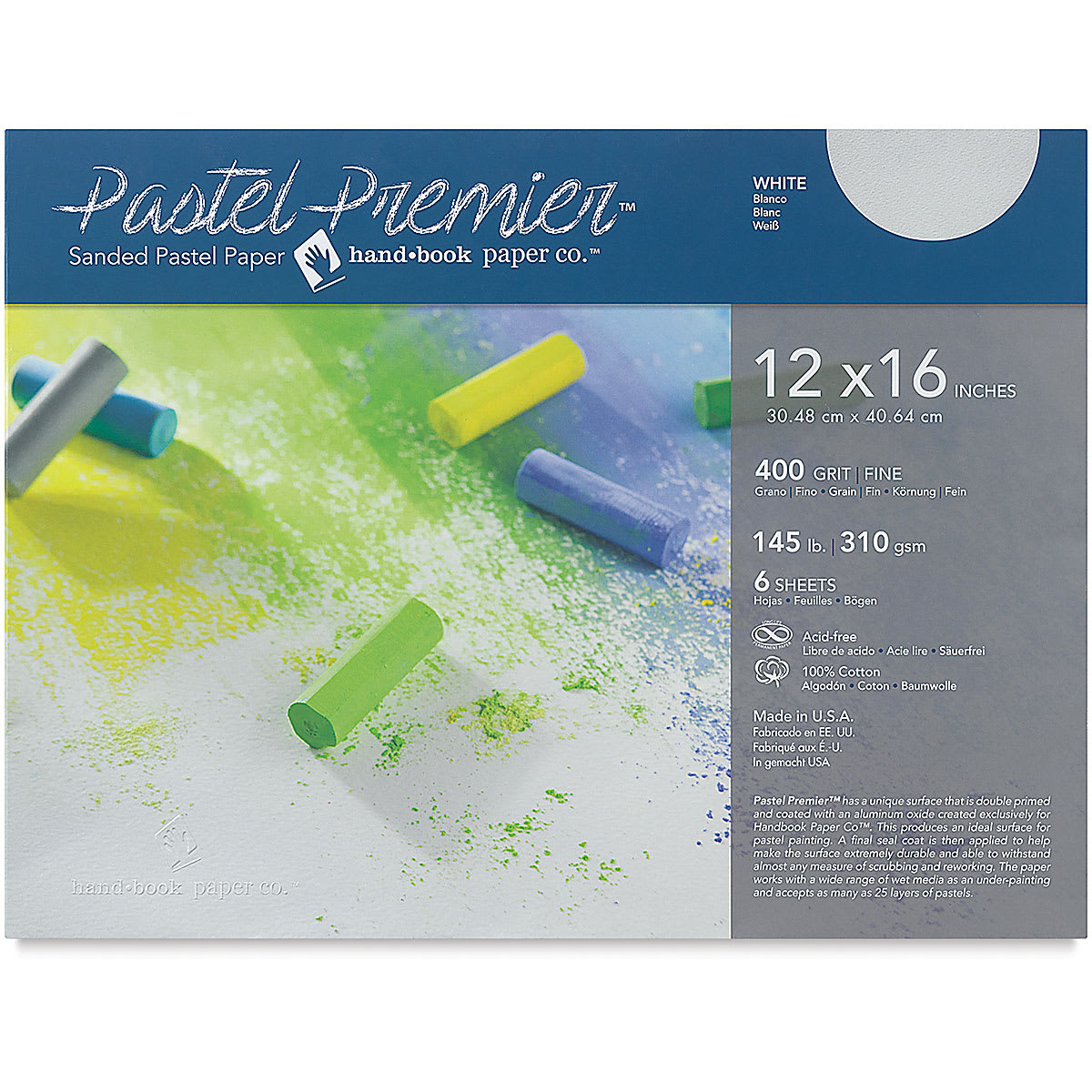 Handbook Journal Co. Pastel Premier Sanded Paper - 12" x 16", White, 400 Grit, Pkg of 6 Sheets