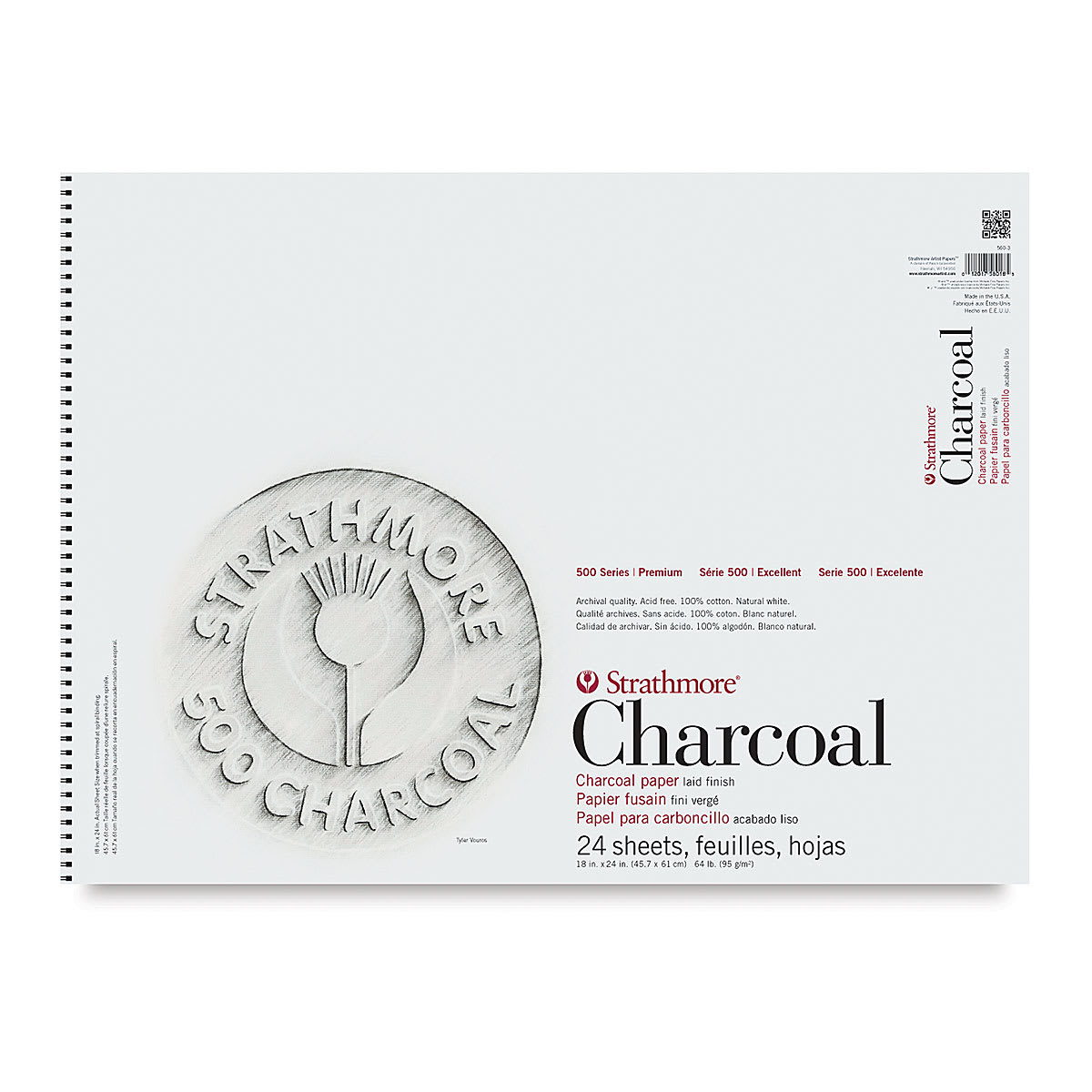 Strathmore 500 Series Charcoal Pad - 18'' x 24'', White, 24 Sheets