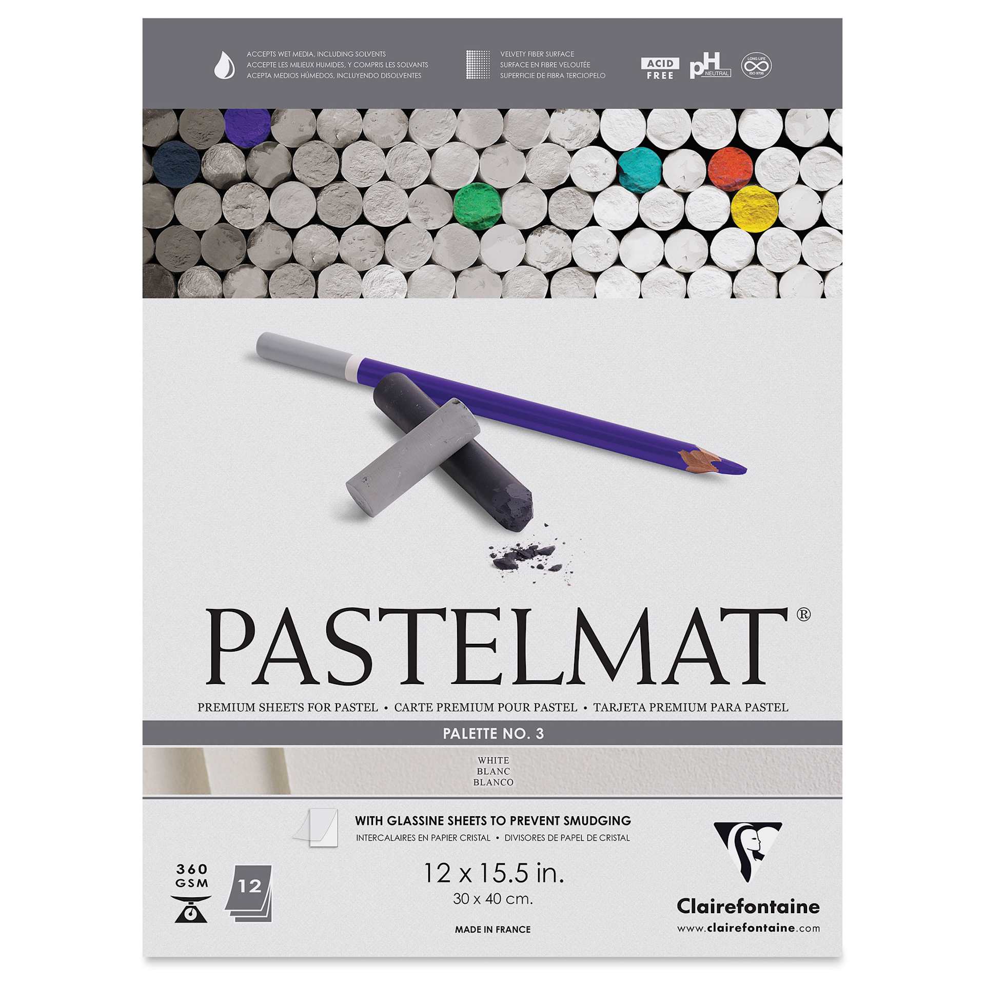 Clairefontaine Pastelmat Pad - 12" x 15-1/2", White, 12 Sheets, front of the packaging