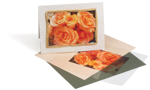 Grafix Clear Adhesive Inkjet Film - Pkg of 6, 8-1/2" x 11", print of roses adhered to card.