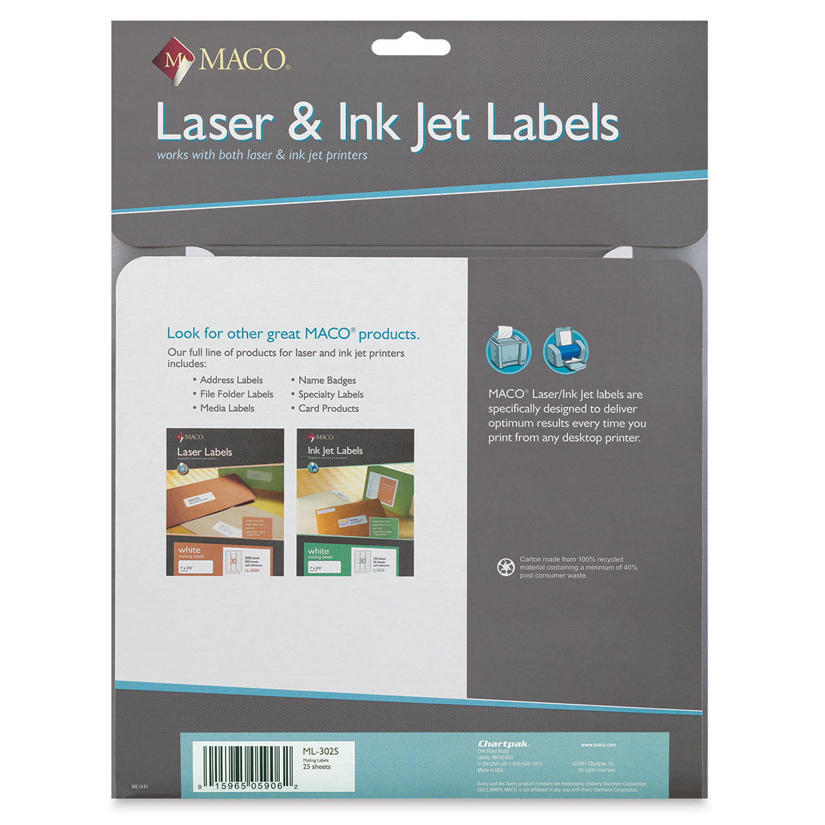 Maco Laser/Ink Jet White Multi-Purpose Labels - Address Labels, 750 Labels (Back of package)