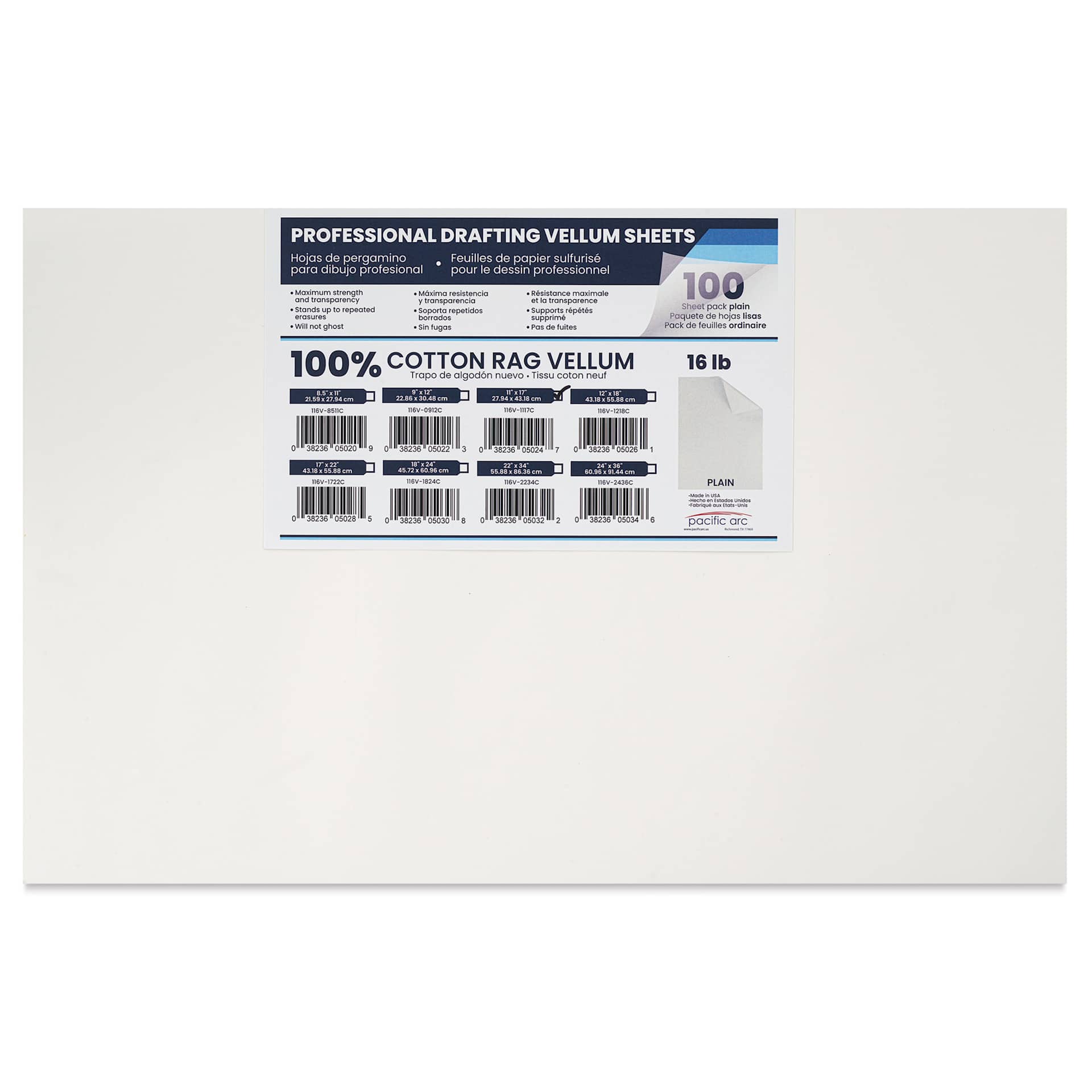 Pacific Arc Drafting Vellum Sheet Pack - 11" x 17", Pkg of 100, packaging