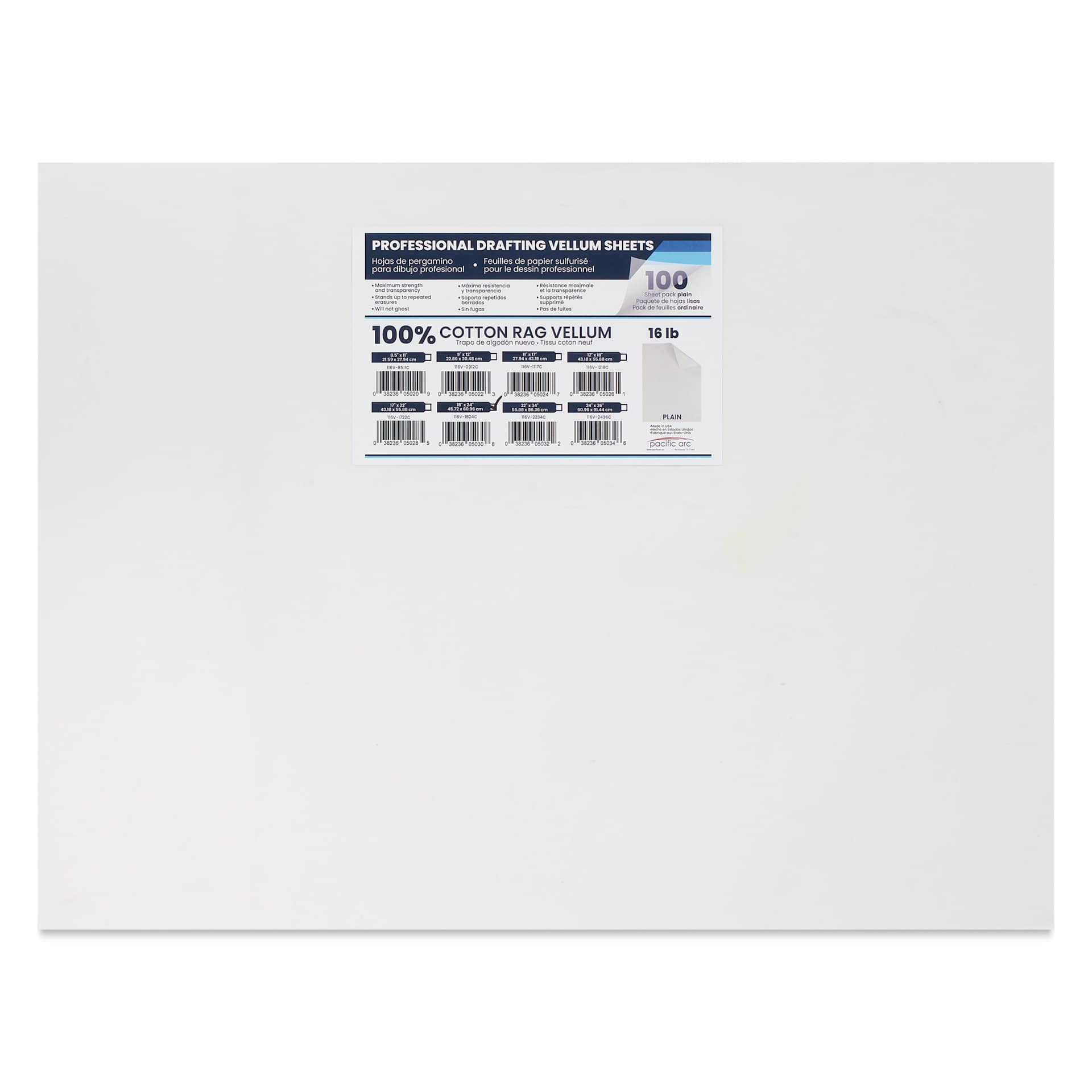 Pacific Arc Drafting Vellum Sheet Pack - 18" x 24", Pkg of 100, packaging