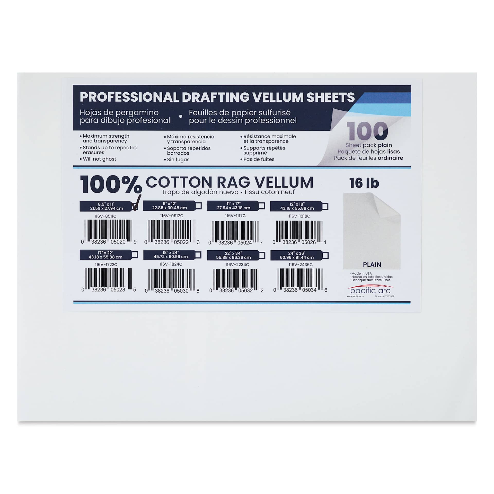Pacific Arc Drafting Vellum Sheet Pack - 8-1/2" x 11", Pkg of 100, packaging