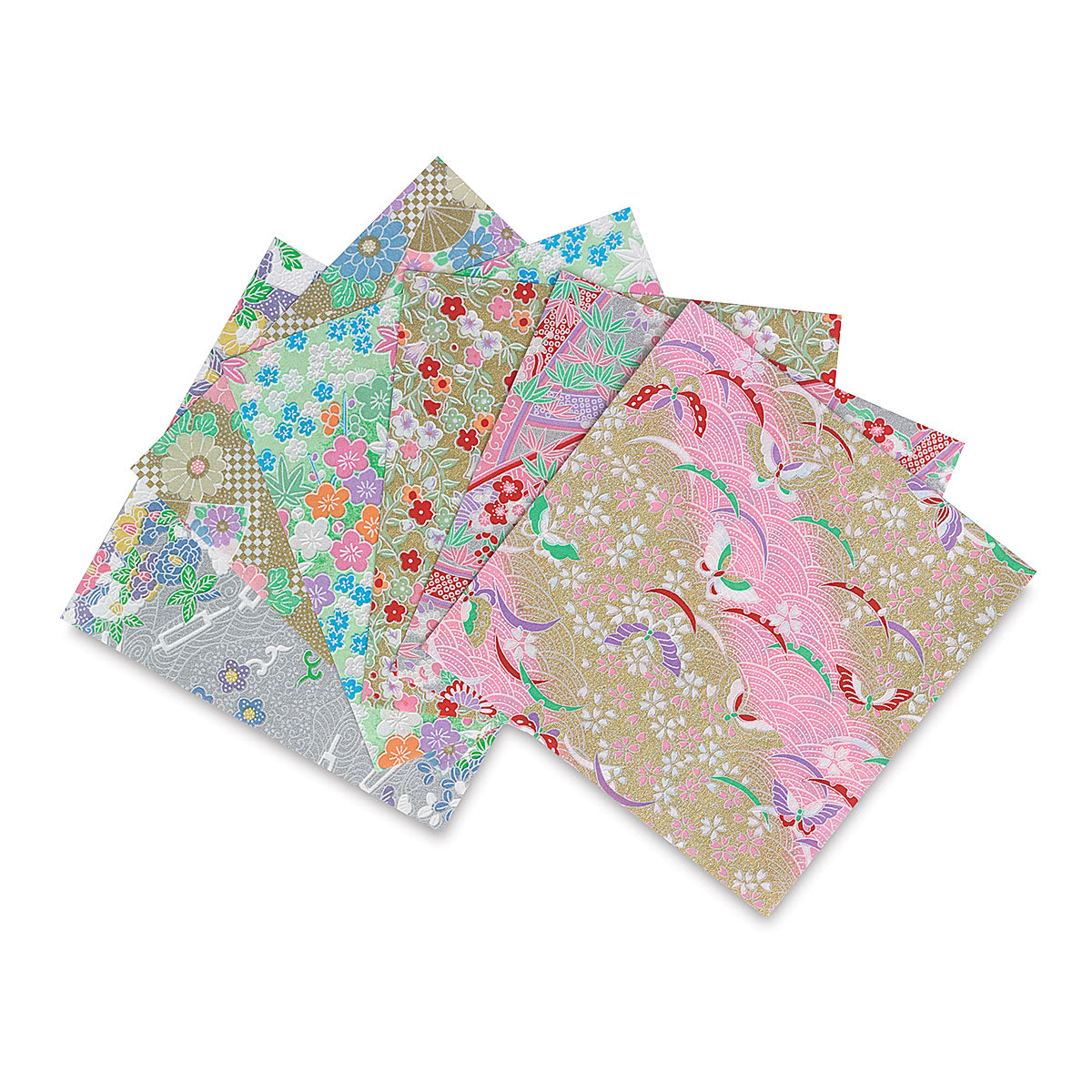Shinwazome Chiyogami Origami Paper - Package of 7 pastel sheets shown fanned