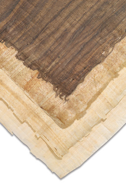 Black Ink Egyptian Papyrus Paper - Corners of four shades of Papyrus stacked vertically