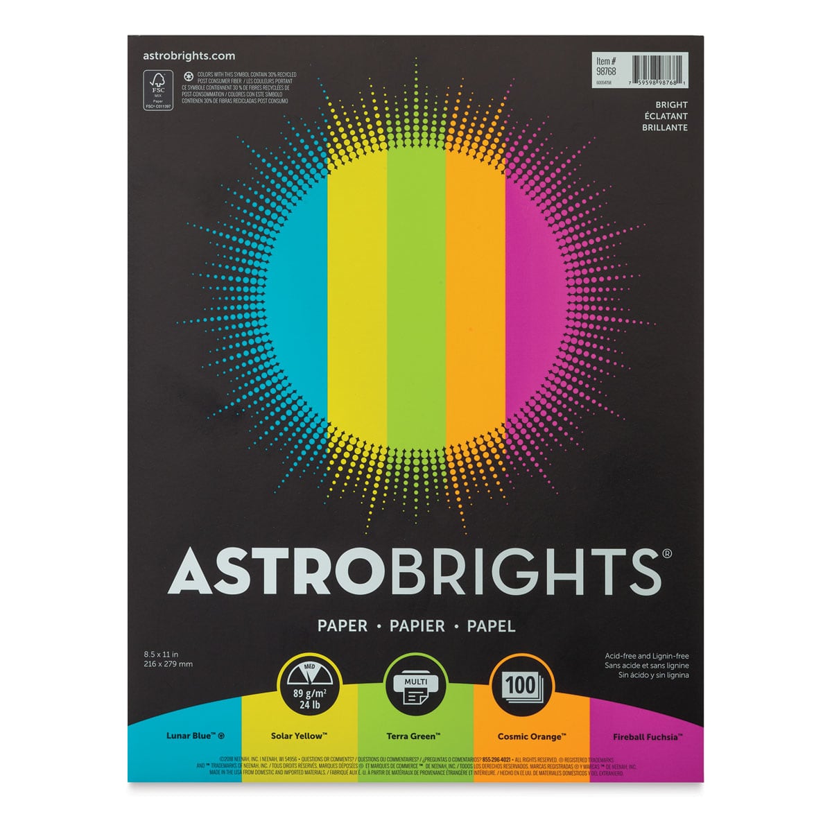 Neenah Astrobrights Paper - Front of package of 100 Sheets in 5 Bright colors