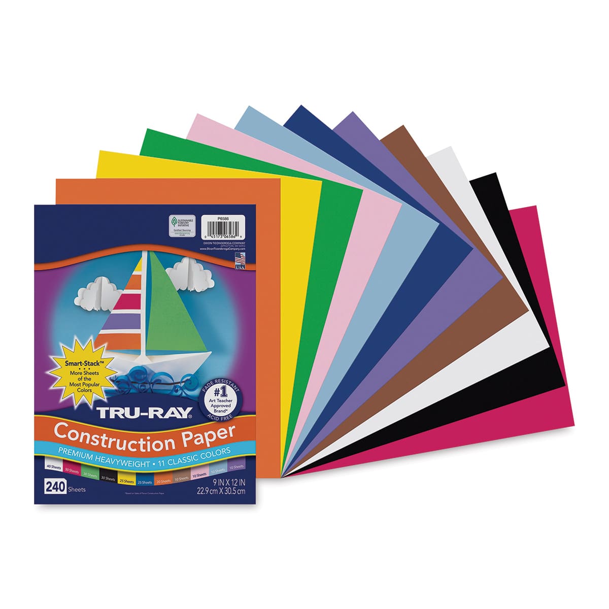 Pacon Tru-Ray Construction Paper - 9" x 12", Smart Stack, 240 Sheets (cover sheet and colored papers)
