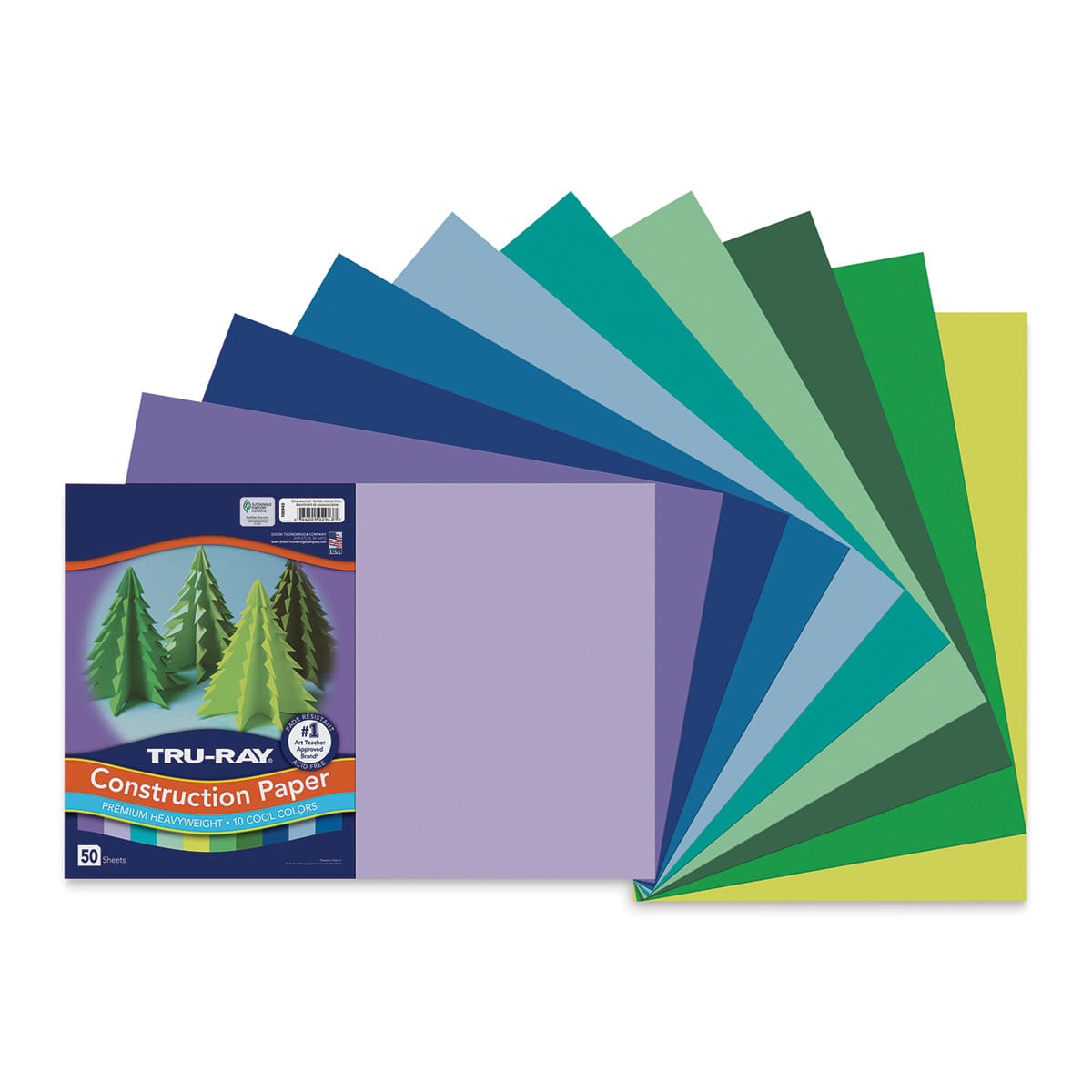 Pacon Tru-Ray Construction Paper - 12" x 18", Assorted Cool Colors, 50 Sheets (cover sheet with included colored paper)