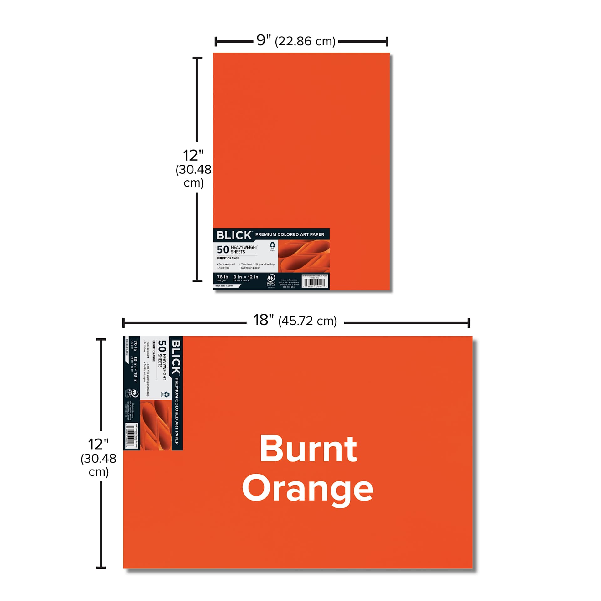 Blick Premium Colored Art Paper - 12" x 18", Burnt Orange, 50 Sheets, paper dimensions