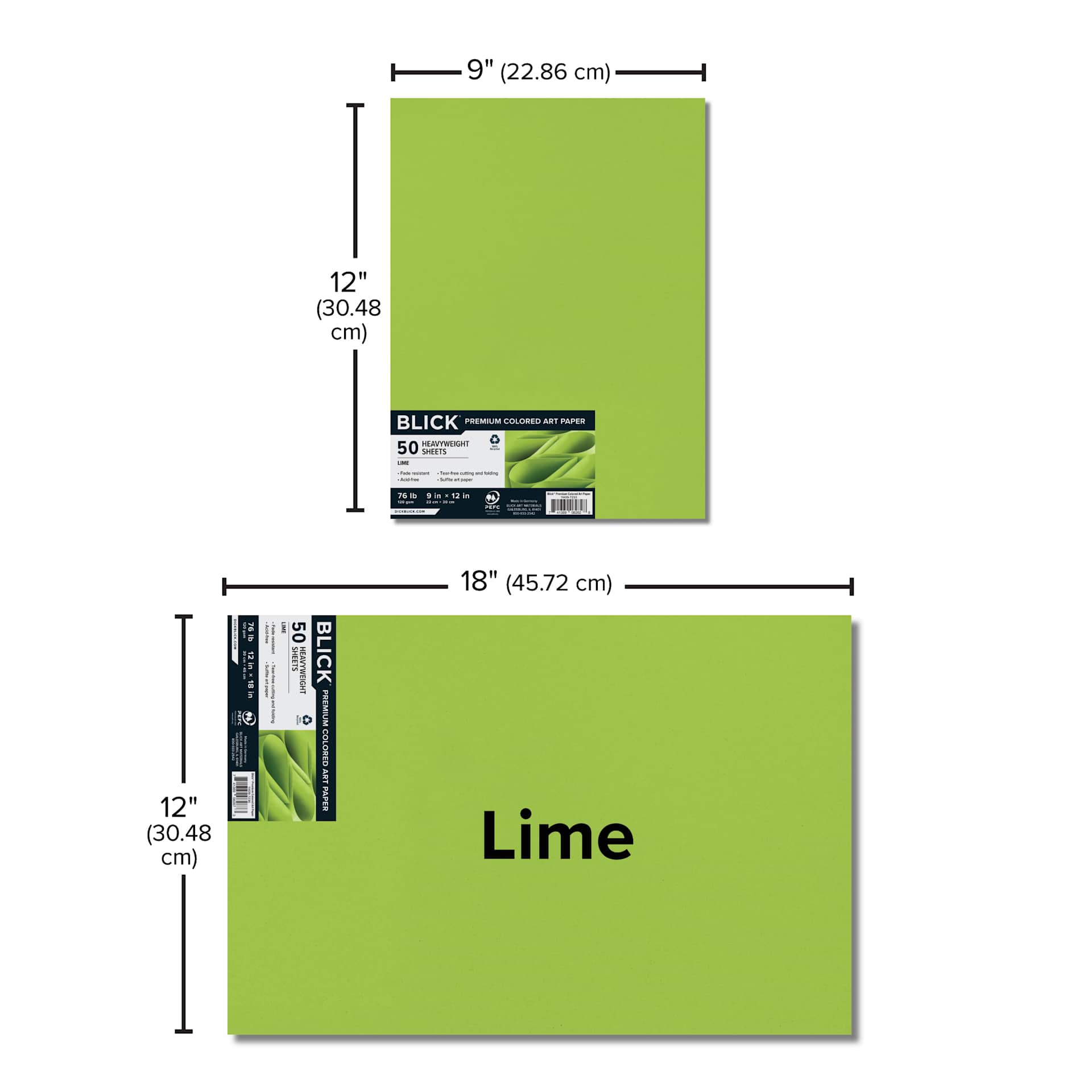 Blick Premium Colored Art Paper - 12" x 18", Lime, 50 Sheets, size comparison