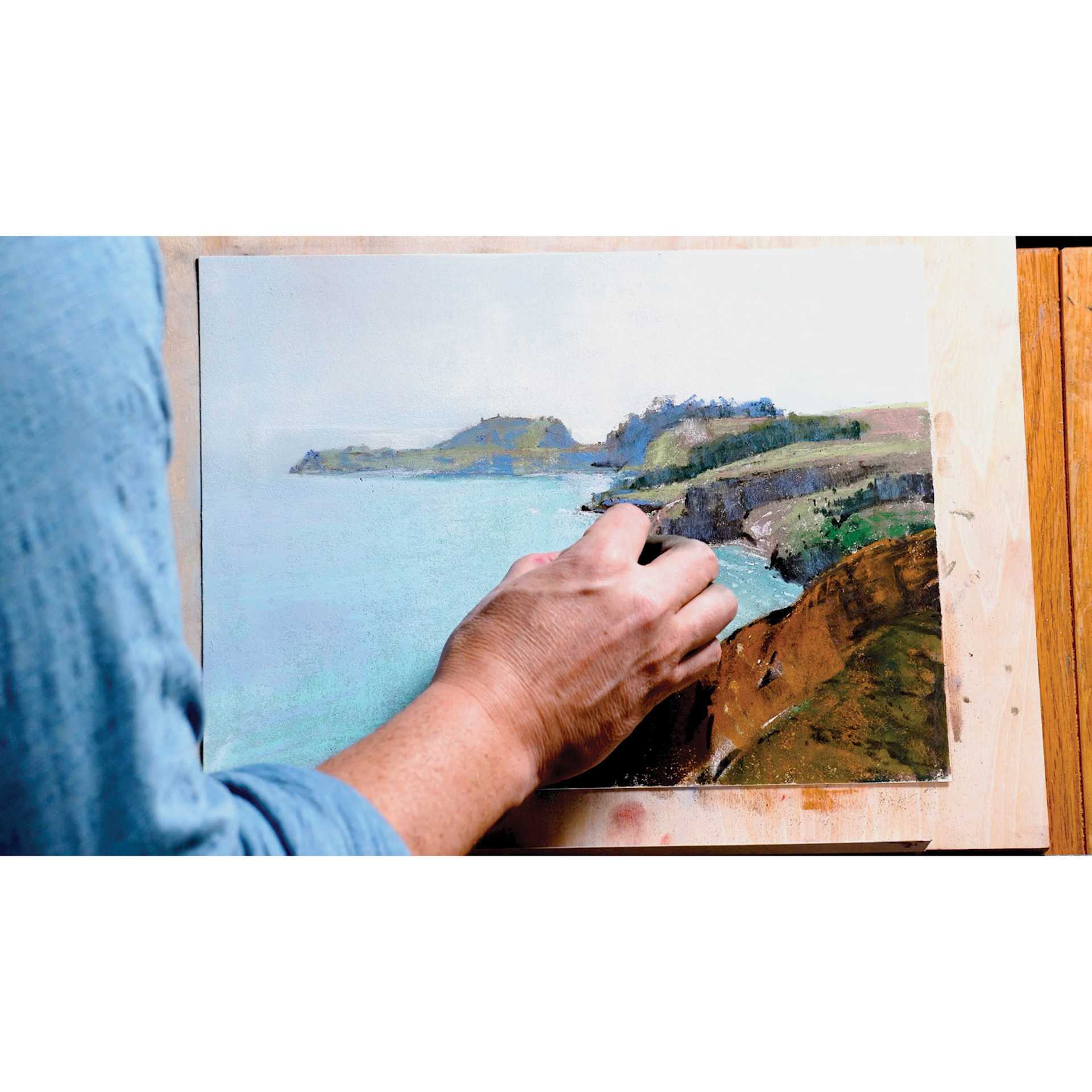 Canson Mi-Teintes Velvet, coastline scene being painted