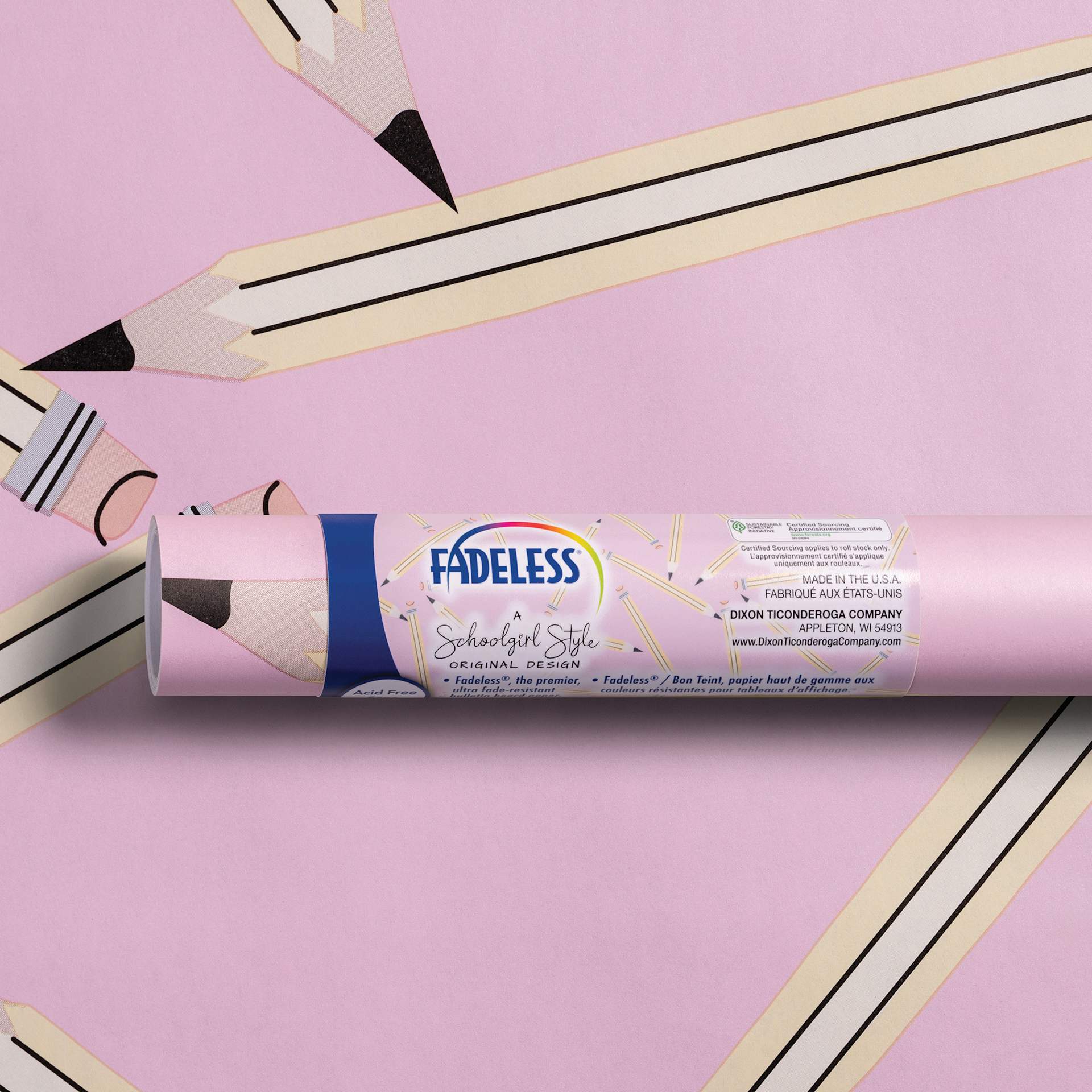 Fadeless Schoolgirl Style Bulletin Paper - Pencil Me In, 47-1/4" x 25' Roll in packaging