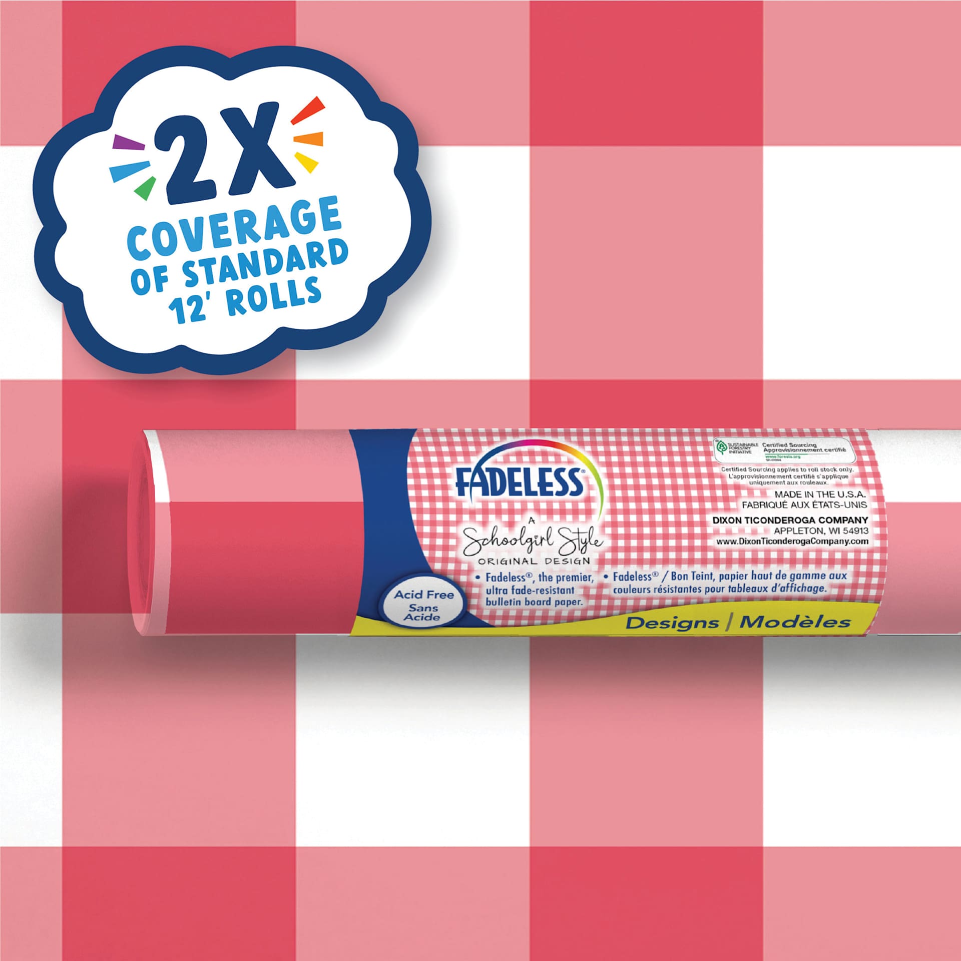 Fadeless Schoolgirl Style Bulletin Paper - Red Cottage Gingham, 47-1/4" x 25' Roll, in packaging