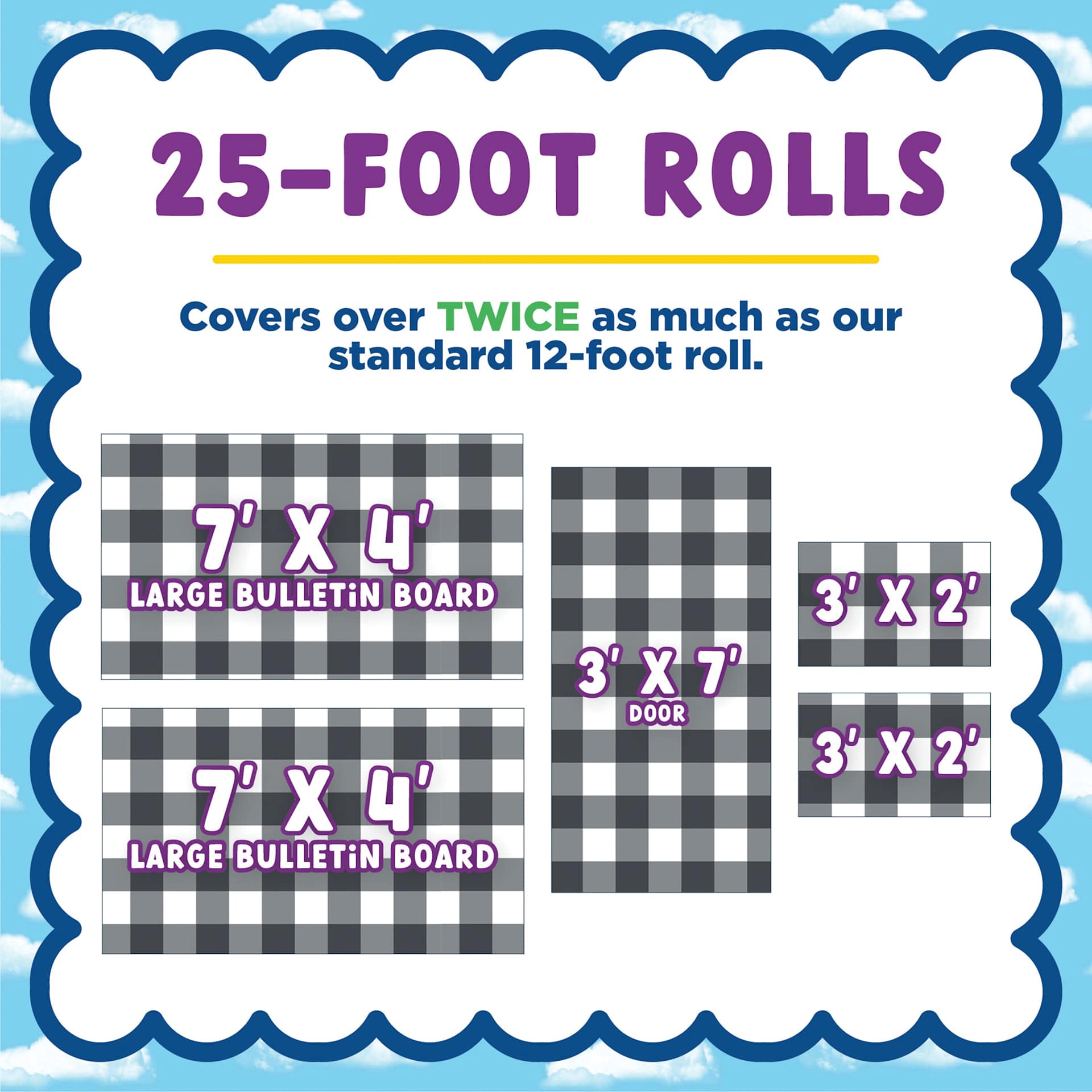 25-foot rolls. Covers over twice as much as our standard 12-foot roll.