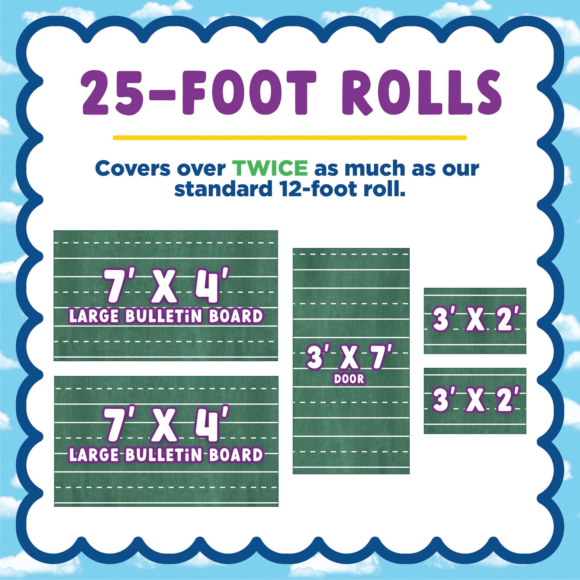 25-foot rolls. Covers over twice as much as our standard 12-foot roll.