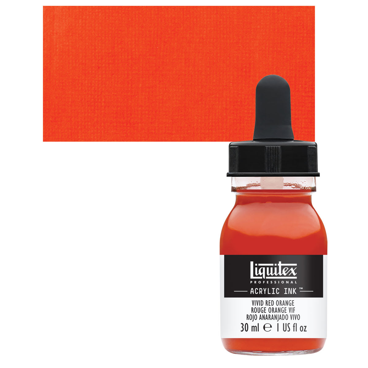 Liquitex Professional Acrylic Ink - Vivid Red Orange bottle and swatch Liquitex Professional Acrylic Ink - Vivid Red Orange bottle and swatch