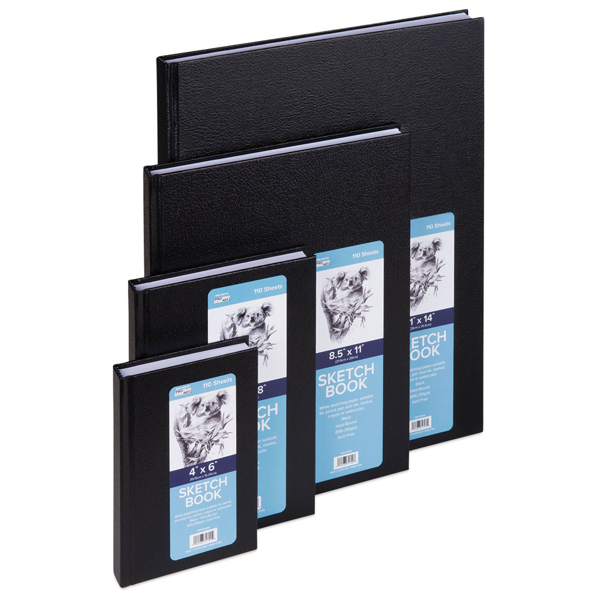 Pro Art Hardbound Sketchbooks - Four various size sketchbooks shown standing at angle