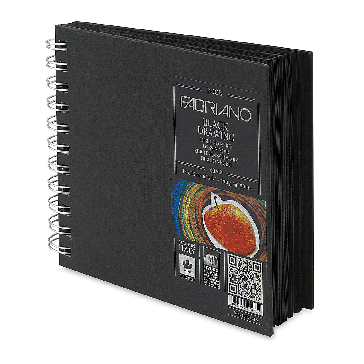Fabriano Hardcover Black Sketchbook - Right angled view of Square Sketchbook with label
