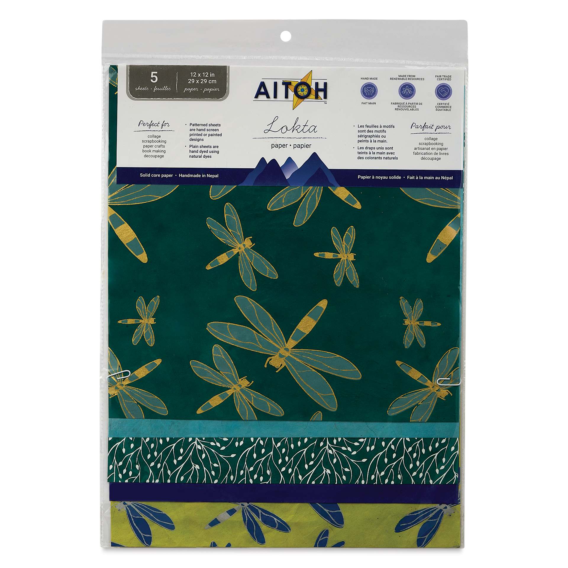 Aitoh Decorative Lokta Paper Pack - Dragonflies, 12" x 12", Pkg of 5, front of packaging