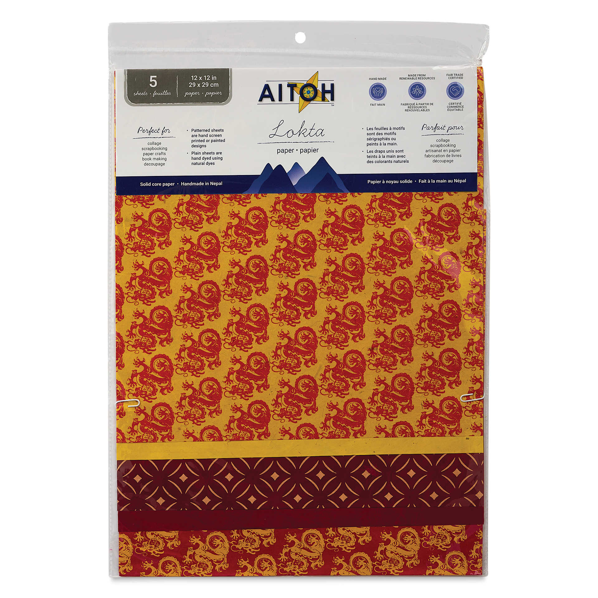 Aitoh Decorative Lokta Paper Pack - Dragons, 12" x 12", Pkg of 5, front of packaging
