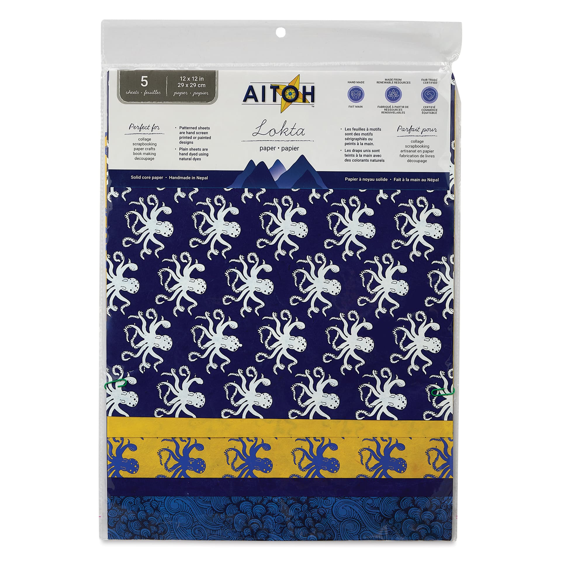 Aitoh Decorative Lokta Paper Pack - Octopi, 12" x 12", Pkg of 5, front of packaging