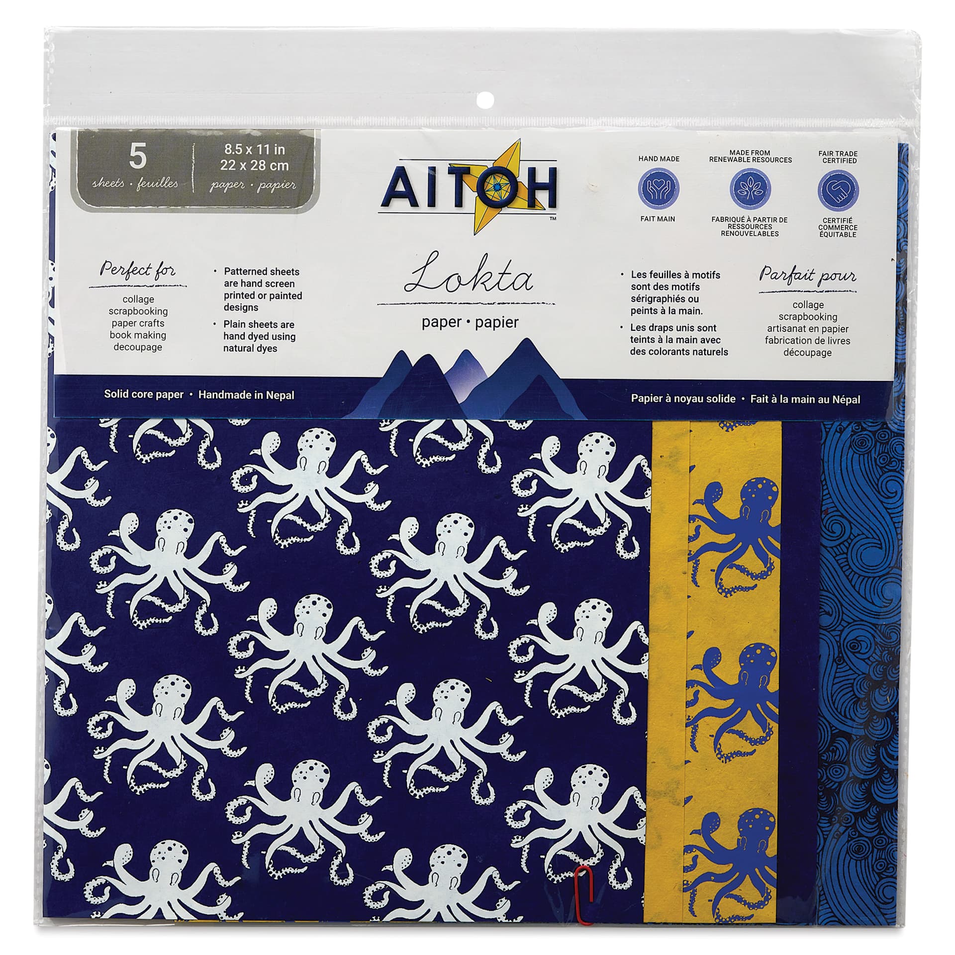 Aitoh Decorative Lokta Paper Pack - Octopi, 8-1/2" x 11", Pkg of 5, front of packaging