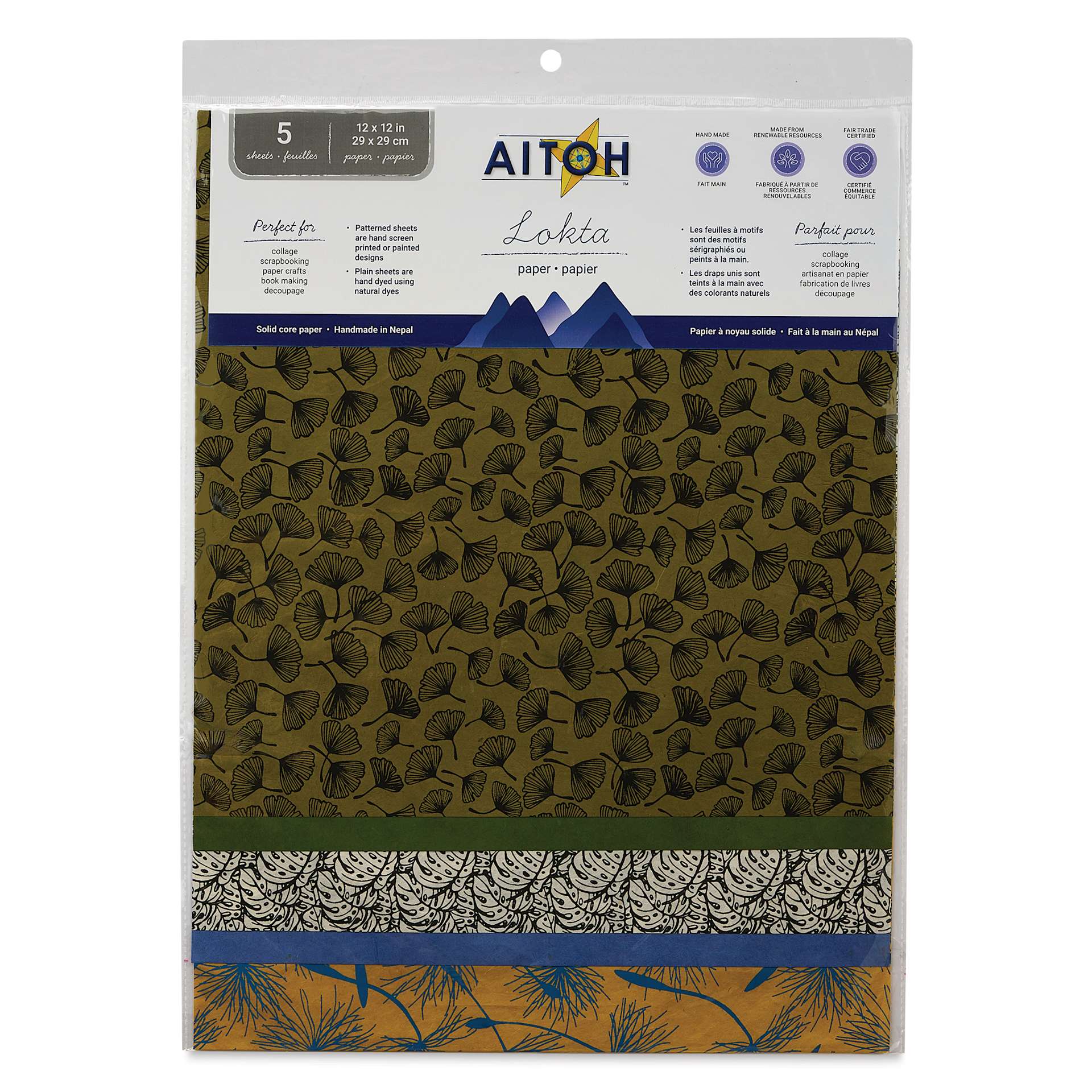 Aitoh Decorative Lokta Paper Pack - Leaves and Seeds, 12" x 12", Pkg of 5, front of packaging