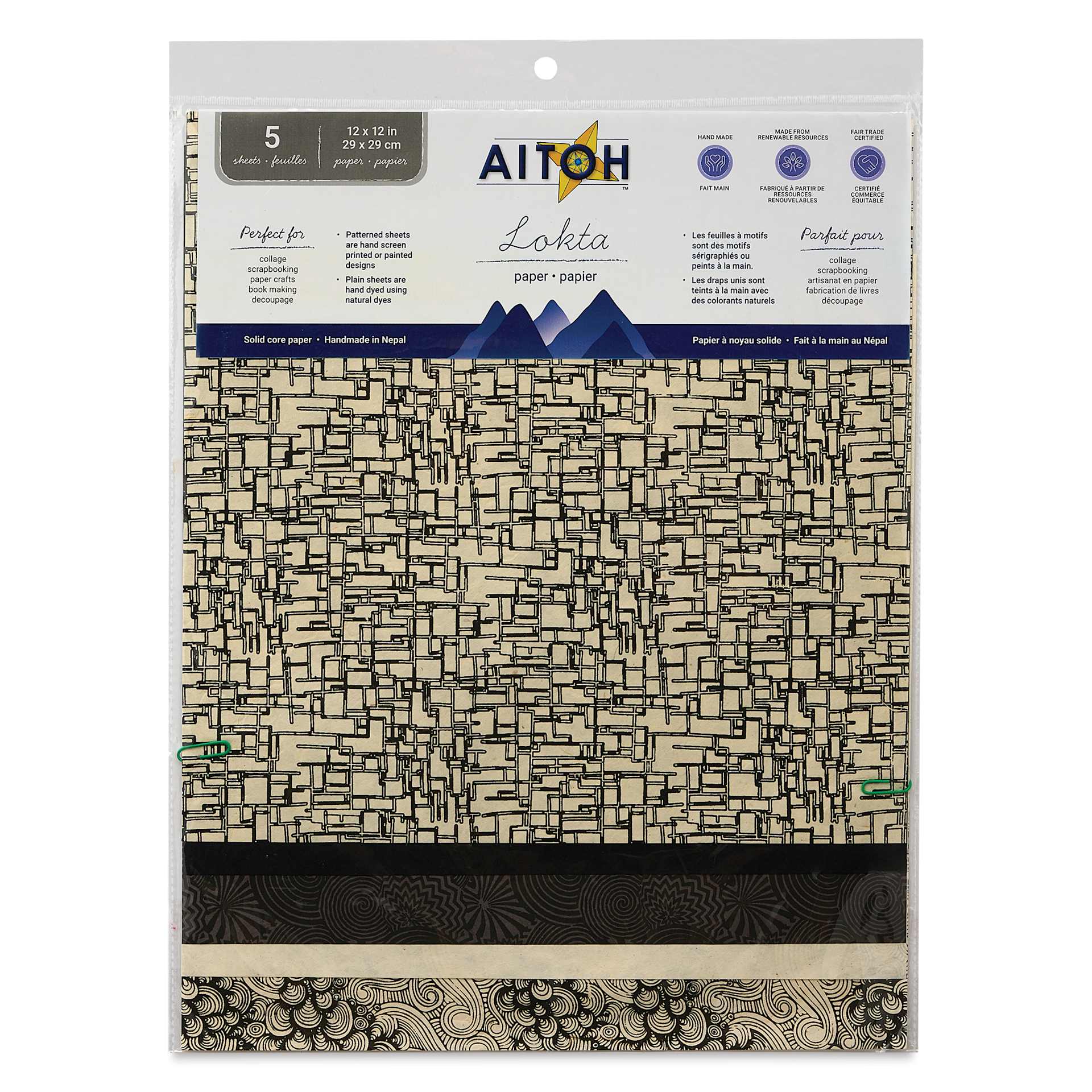 Aitoh Decorative Lokta Paper Pack - Black and White, 12" x 12", Pkg of 5, front of packaging