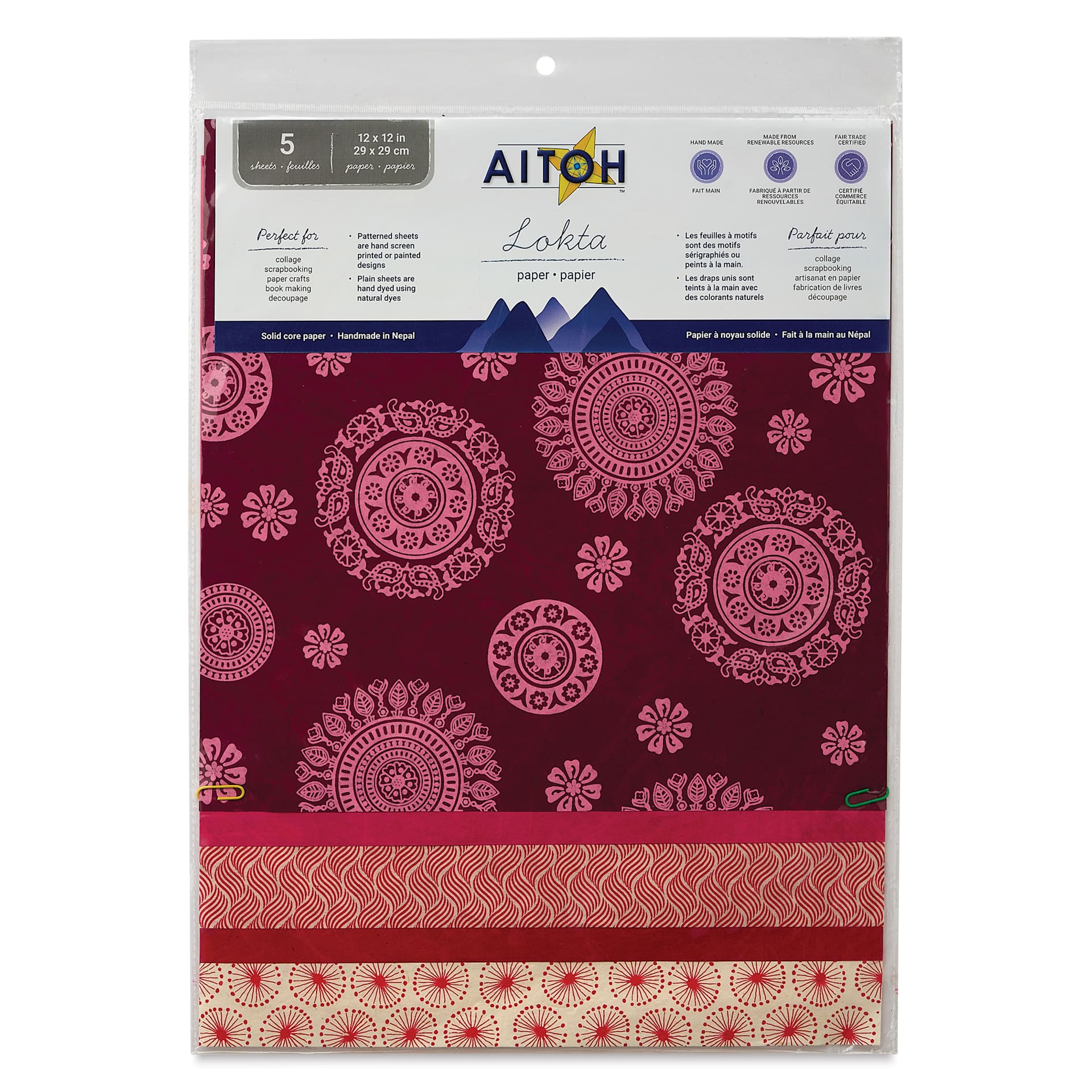 Aitoh Decorative Lokta Paper Pack - Reds, 12" x 12", Pkg of 5, front of packaging