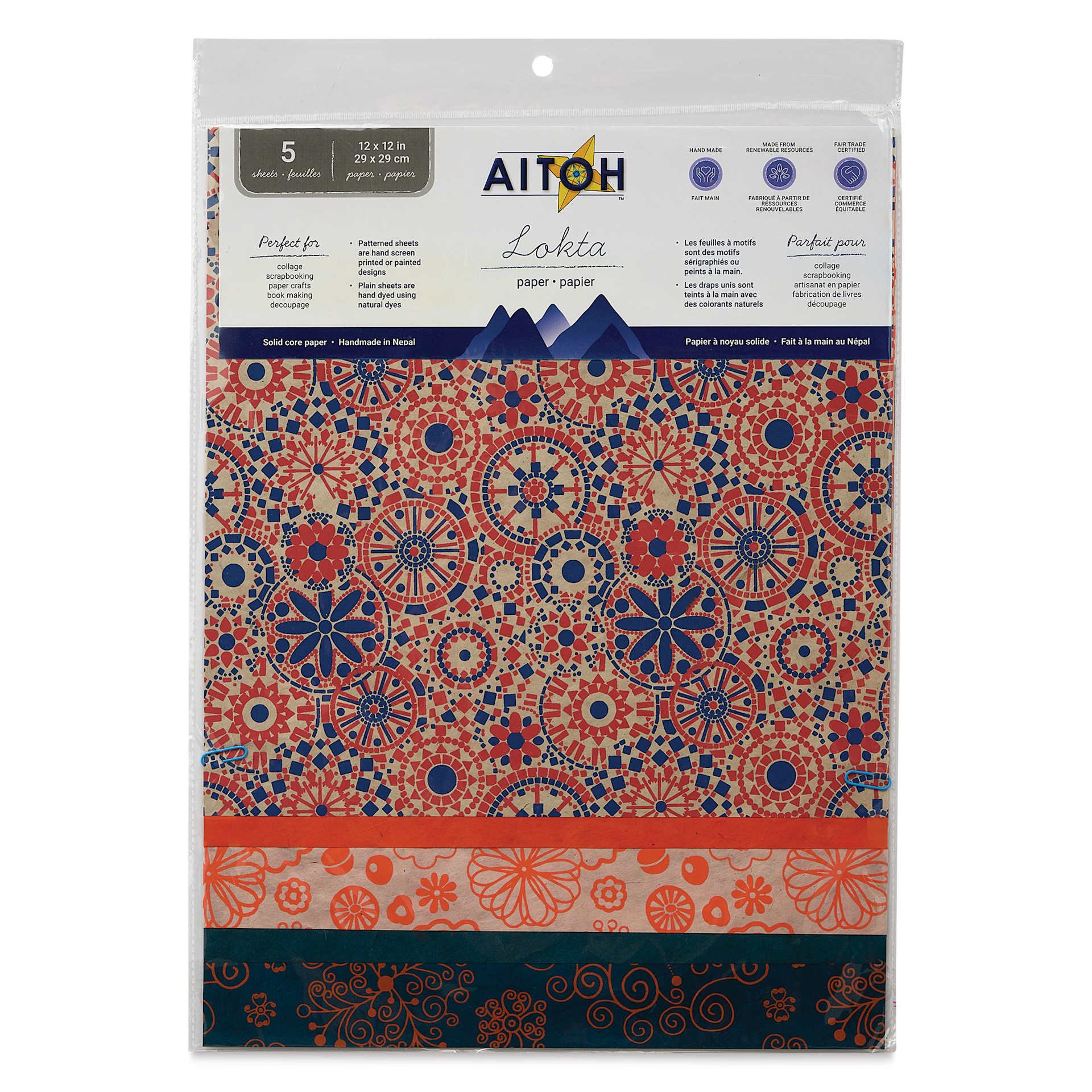 Aitoh Decorative Lokta Paper Pack - Oranges, 12" x 12", Pkg of 5, front of packaging