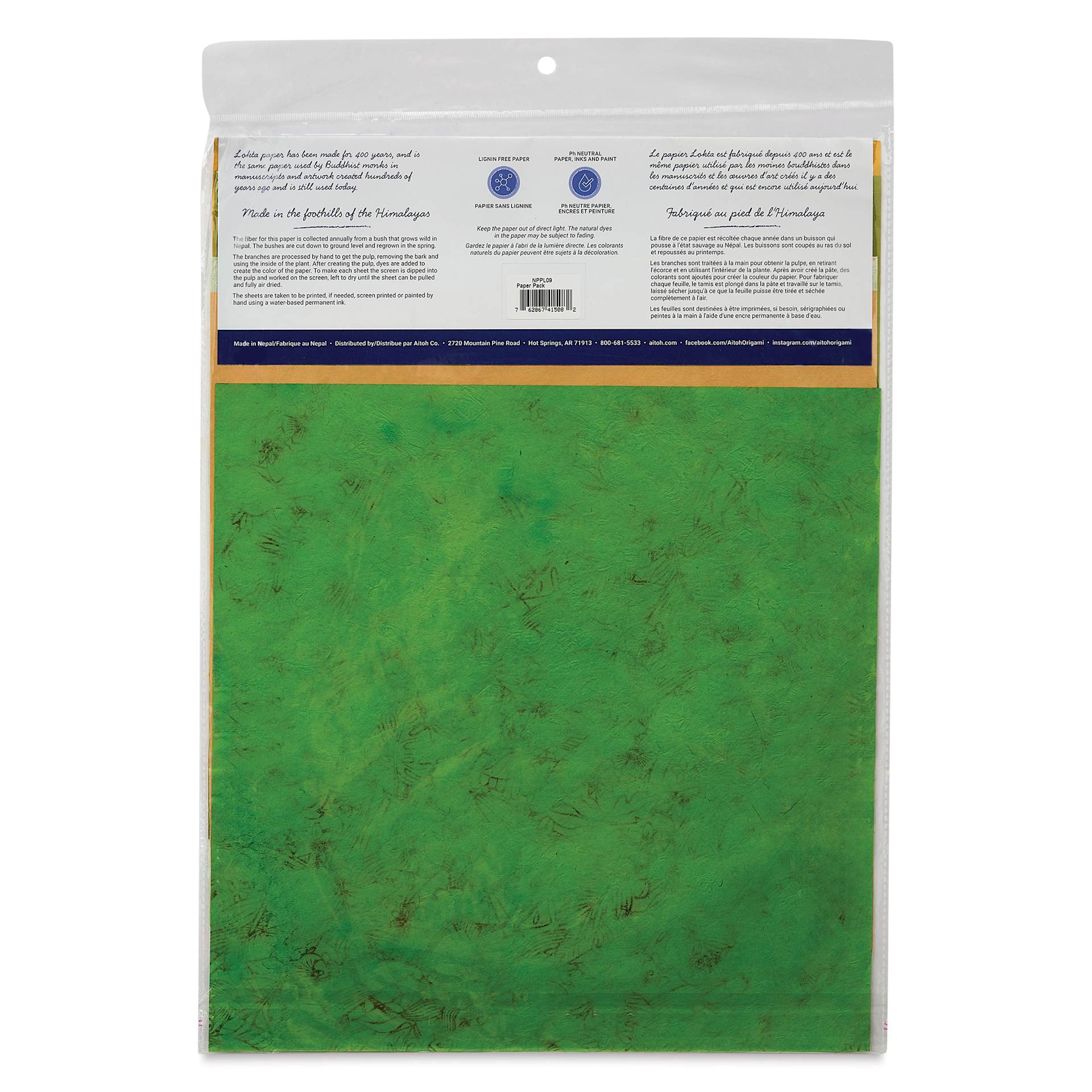Aitoh Decorative Lokta Paper Pack - Greens, 12" x 12", Pkg of 5, back of packaging